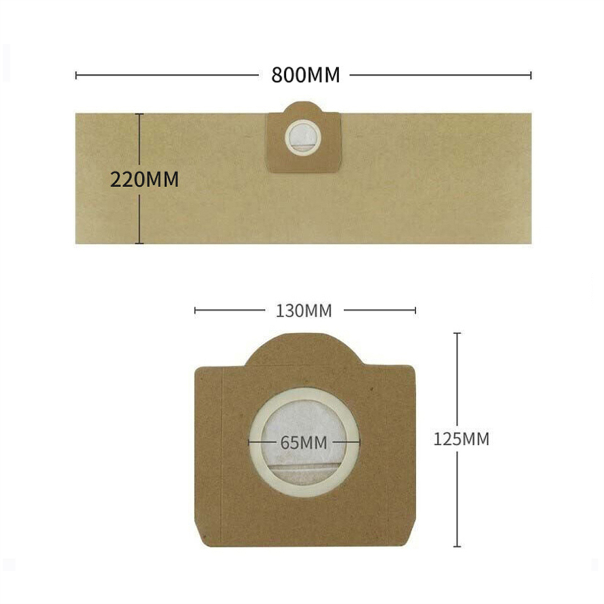 Zwei rechteckige braune Papiertüten mit in Millimetern angegebenen Abmessungen.