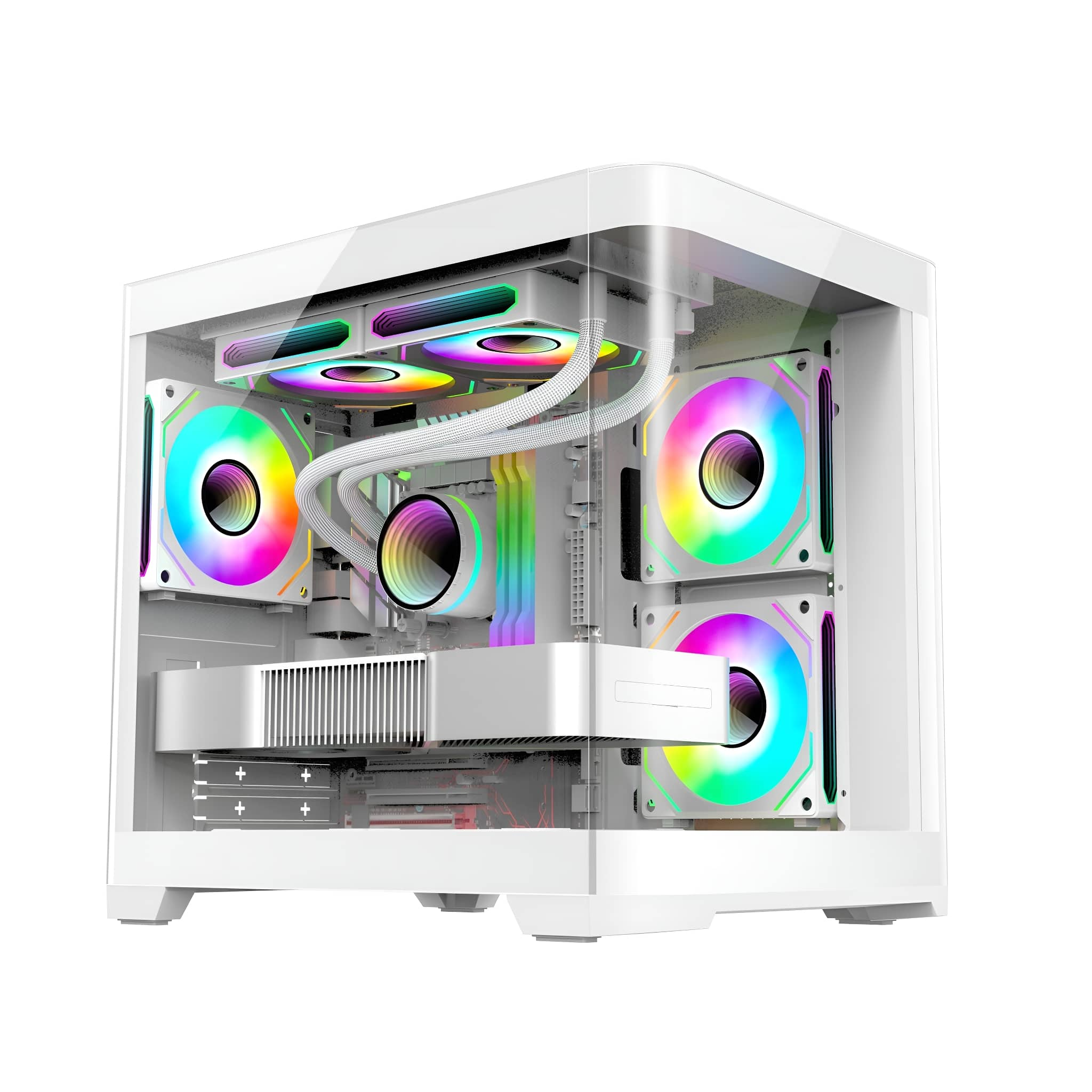 Ein weißes PC-Gehäuse mit sichtbaren Komponenten, einschließlich Lüftern mit bunten Lichtern.