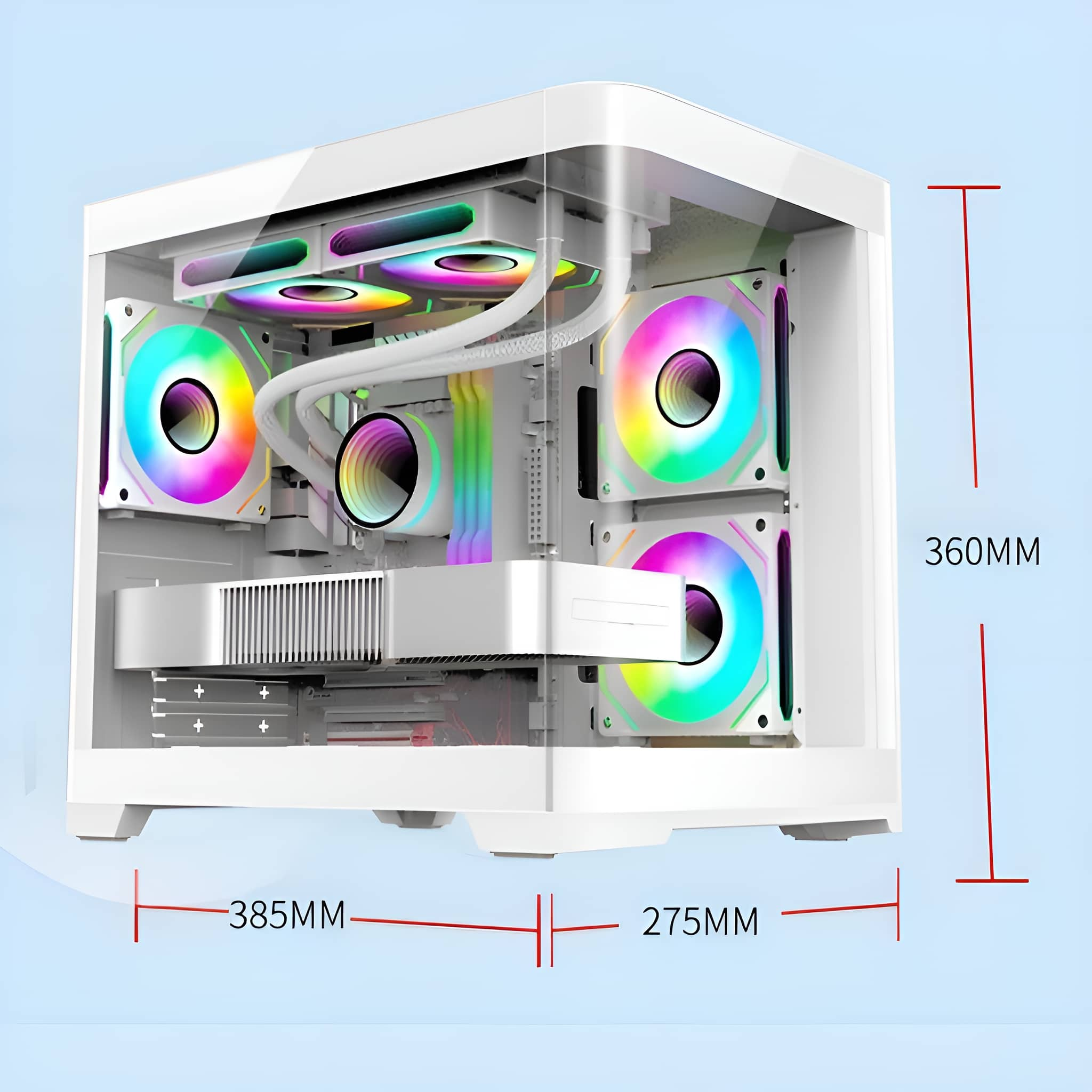 Ein weißes Computergehäuse mit bunten Lüftern und internen Komponenten sowie den Maßen 385 mm, 275 mm und 360 mm.