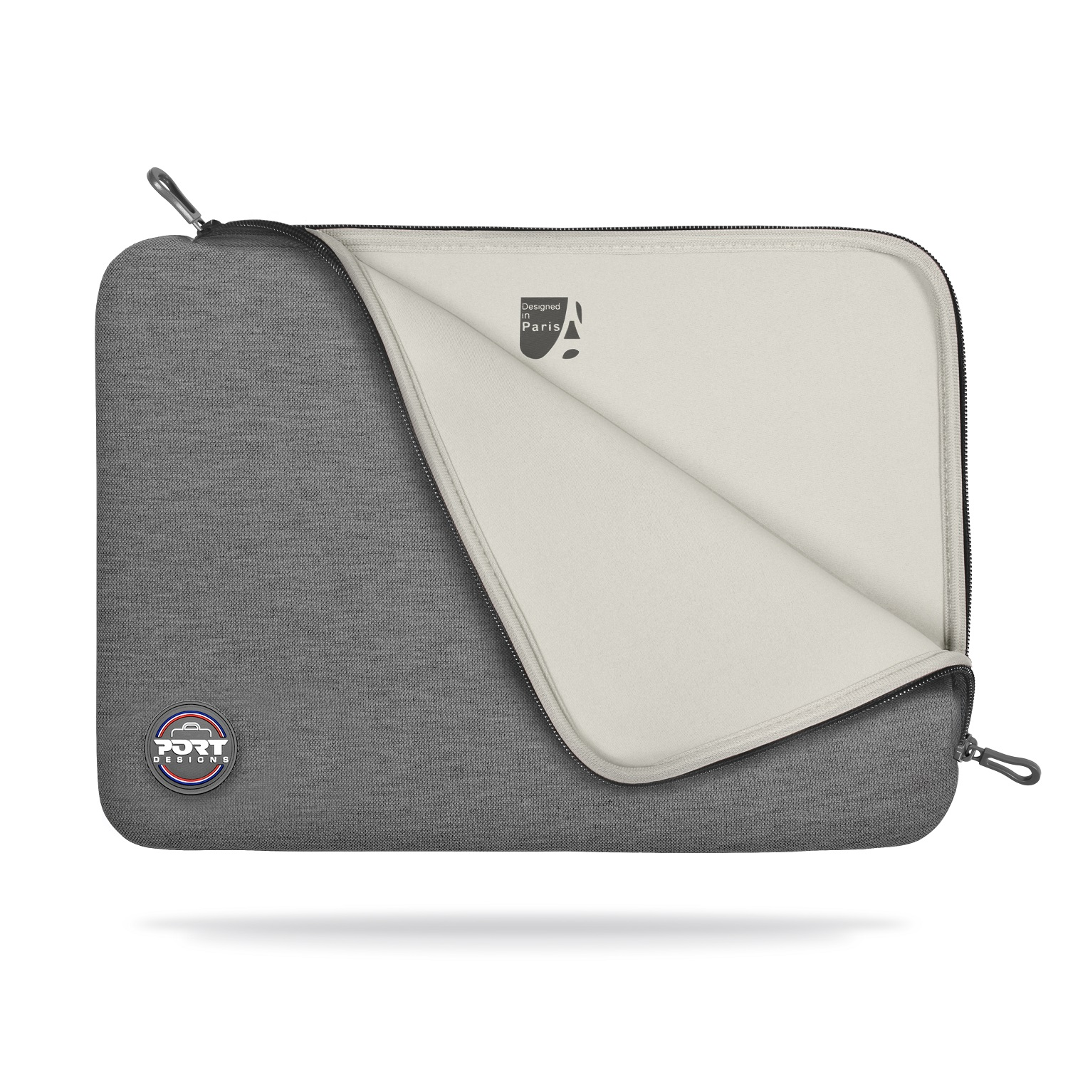 Custodia grigia per laptop, aperta per rivelare un interno beige, con cerniere e dettagli del logo.