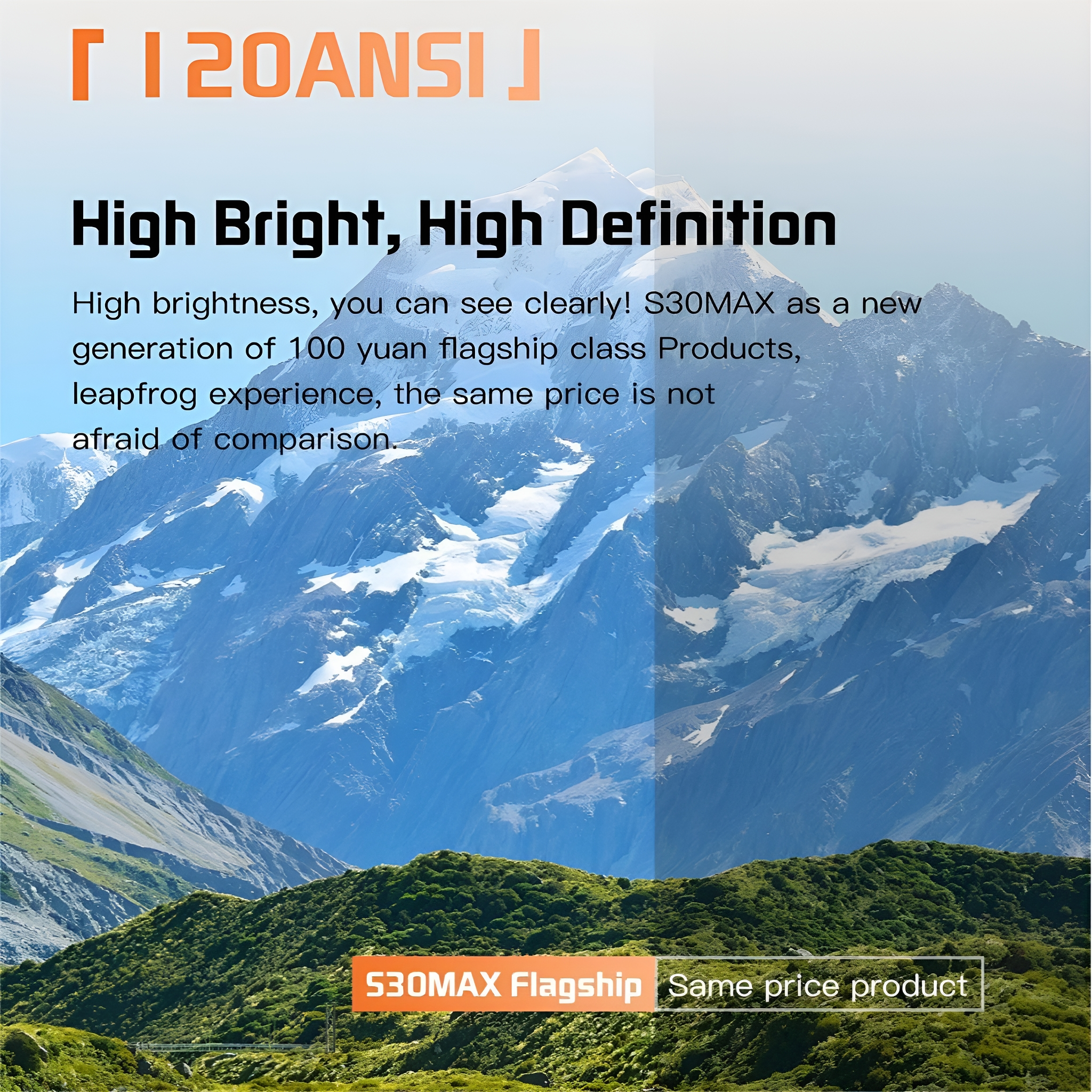 Berglandschaft mit heller und schattiger Seite. Text: High Bright, High Definition.