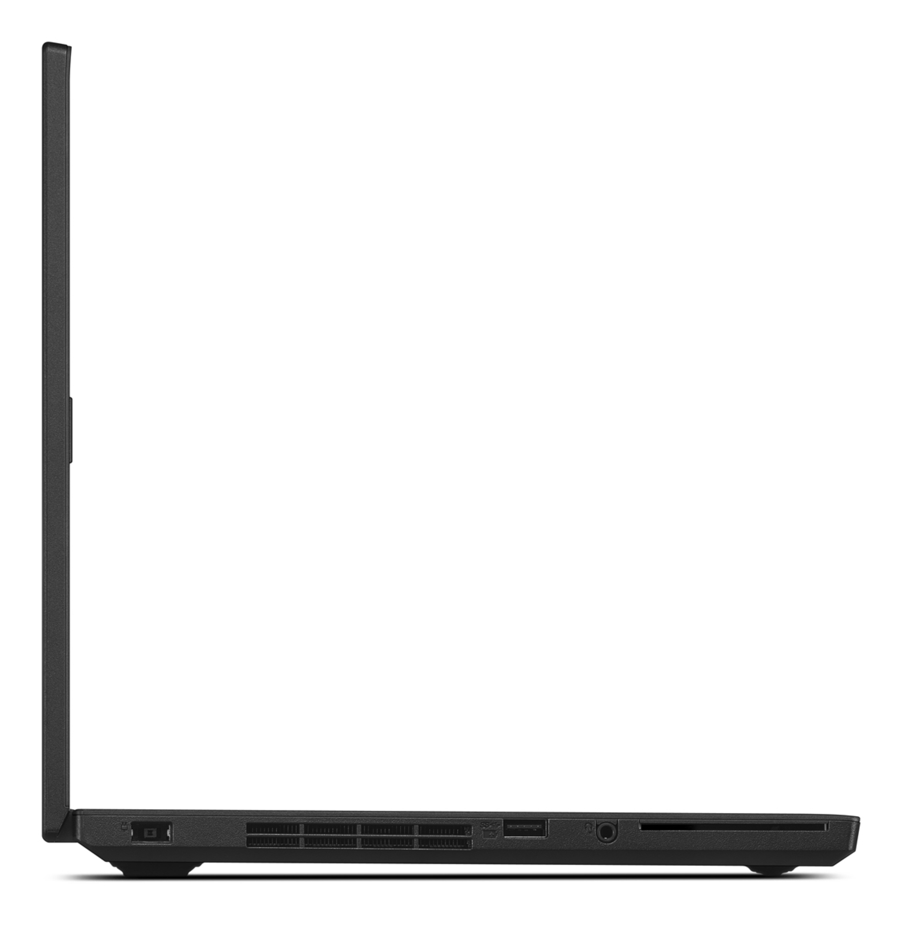 Seitenansicht eines schwarzen Laptops, geschlossen, mit sichtbaren Anschlüssen an der Seite.