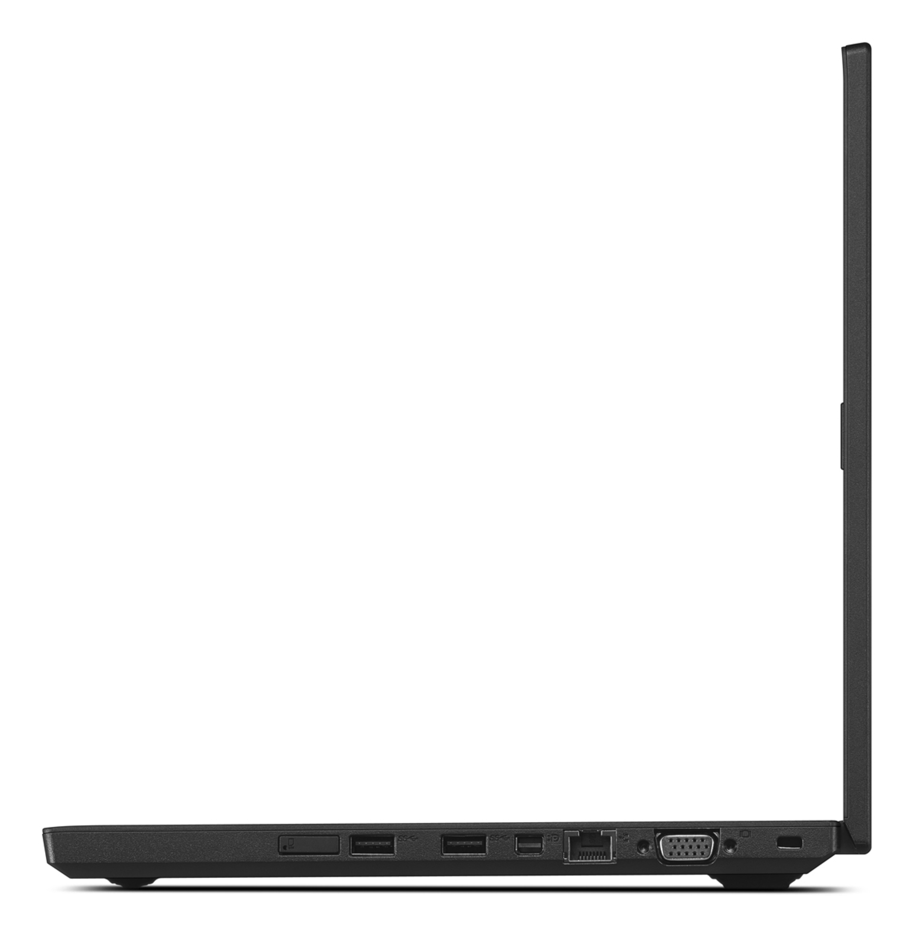 Seitenansicht eines schwarzen Laptops mit verschiedenen Anschlüssen. Es ist geschlossen.
