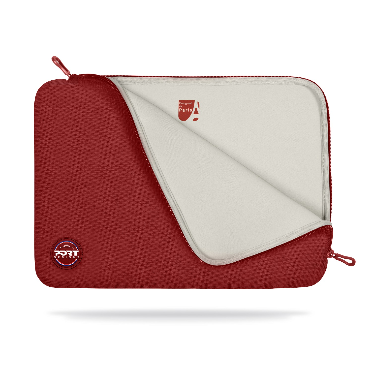 Una funda roja para portátil con cremallera abierta. El interior de la funda es gris claro.