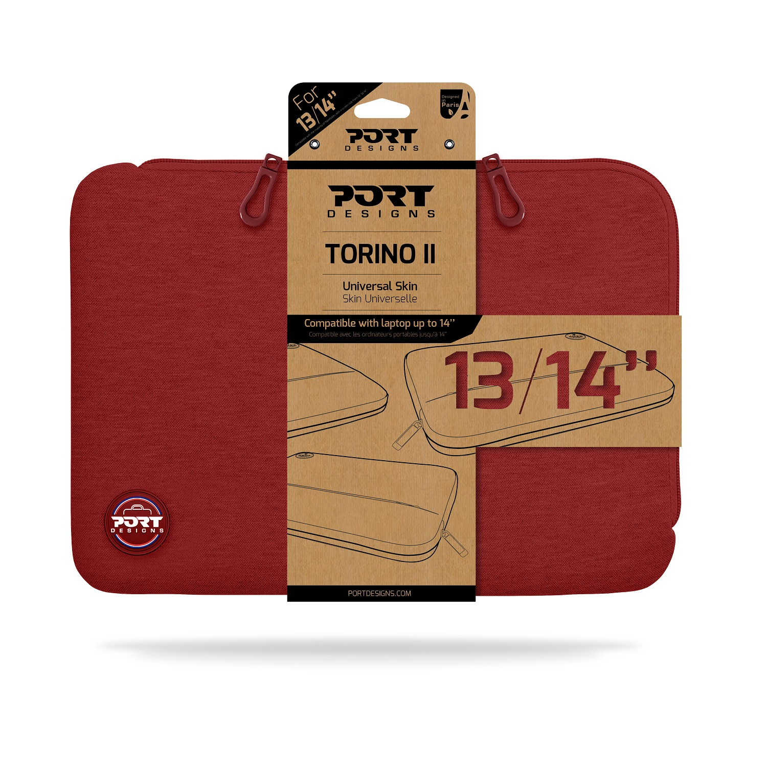 Funda roja para portátil con logotipo. El embalaje dice 'Para 13/14' con detalles marrones y blancos.