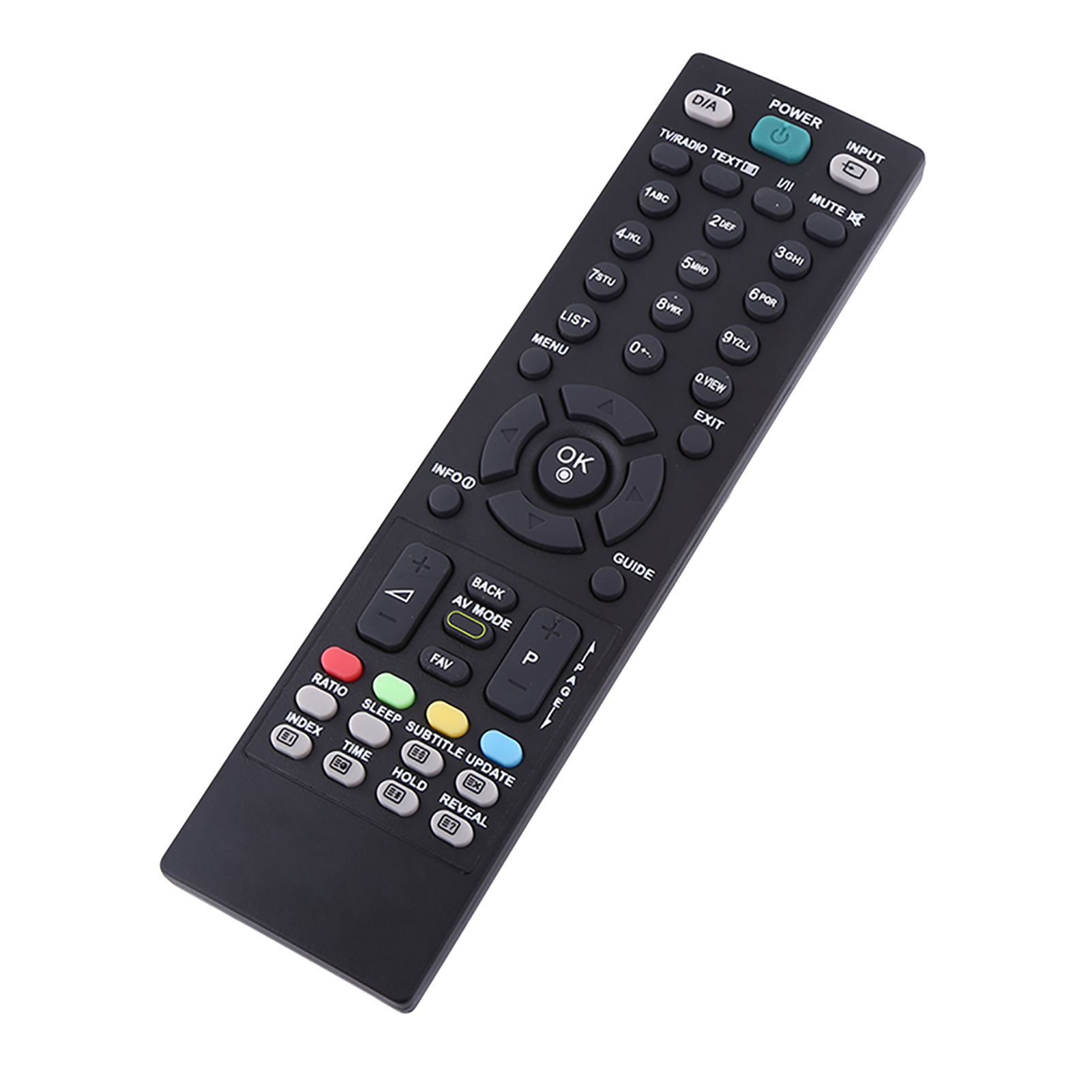 Schwarze TV-Fernbedienung mit vielen Tasten. Beschriftete Tasten sind Power, Menü und OK.