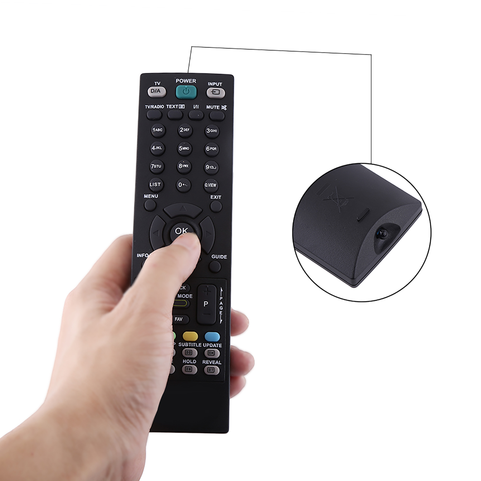 Hand hält eine TV-Fernbedienung. Die Rückseite der Fernbedienung wird im Nahauf.