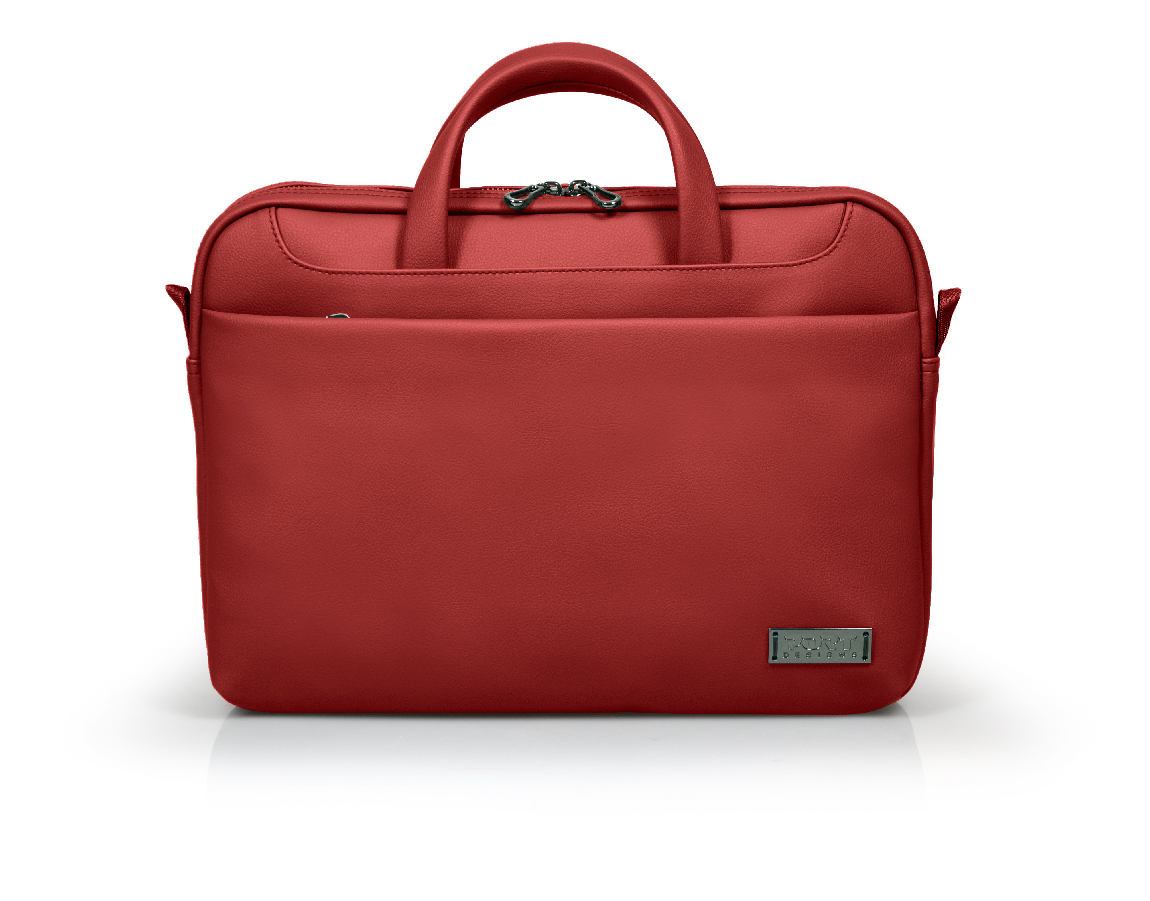 Una borsa per laptop in pelle rossa su una superficie bianca.