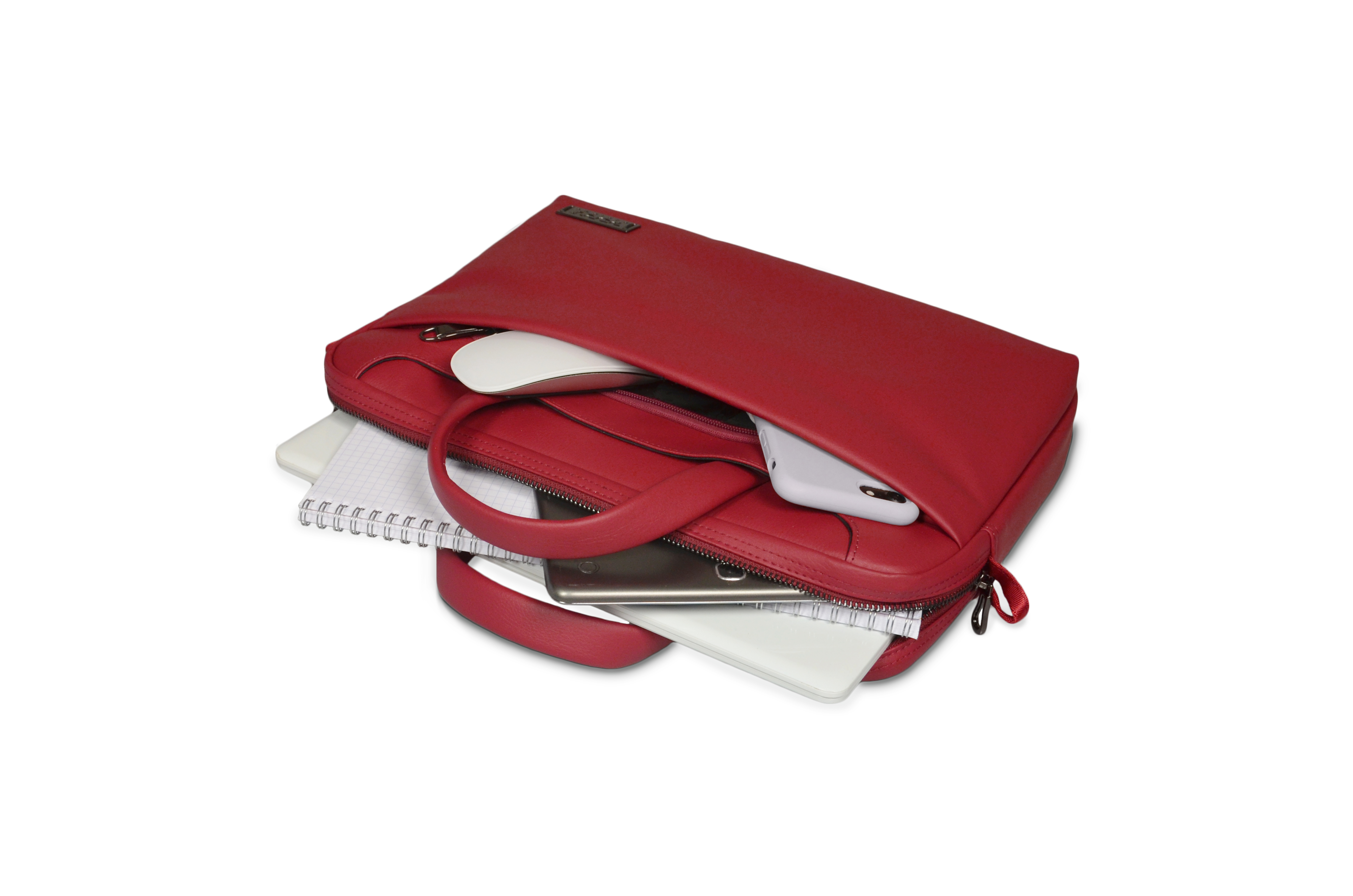 Borsa rossa per laptop, aperta, con laptop, blocco note, mouse e telefono all'interno.