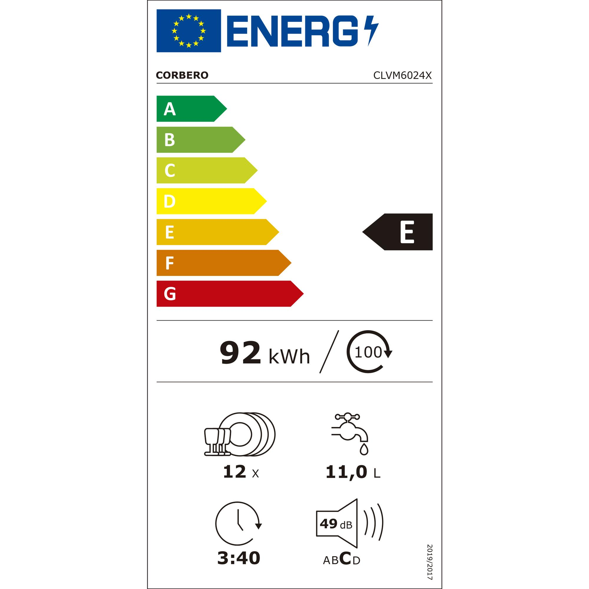 Etiqueta energética para un lavavajillas. Muestra la clase de eficiencia energética E y otros detalles de consumo.