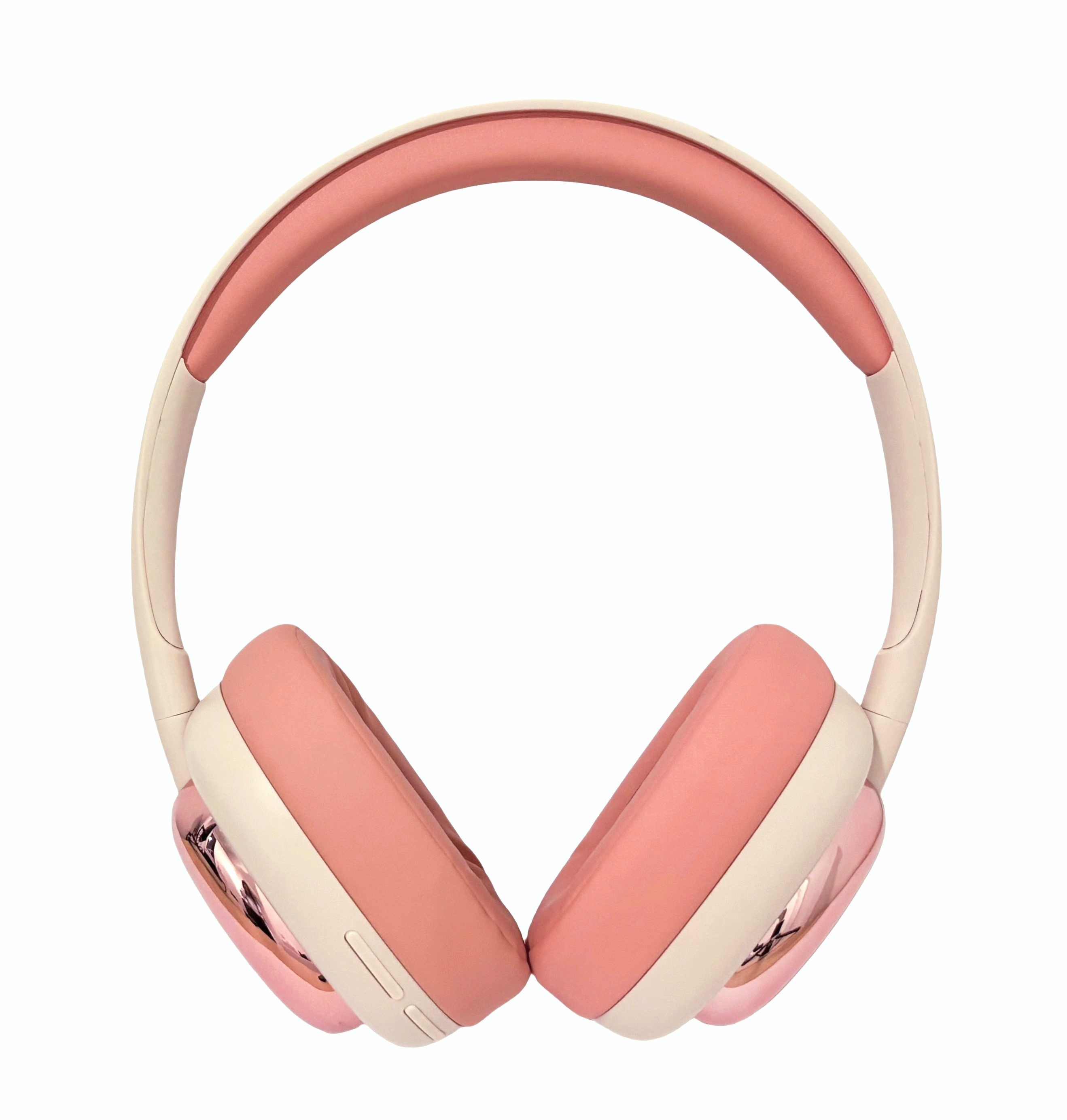 Auriculares rosas y crema. Los auriculares son rosas, la diadema crema y los detalles plateados.