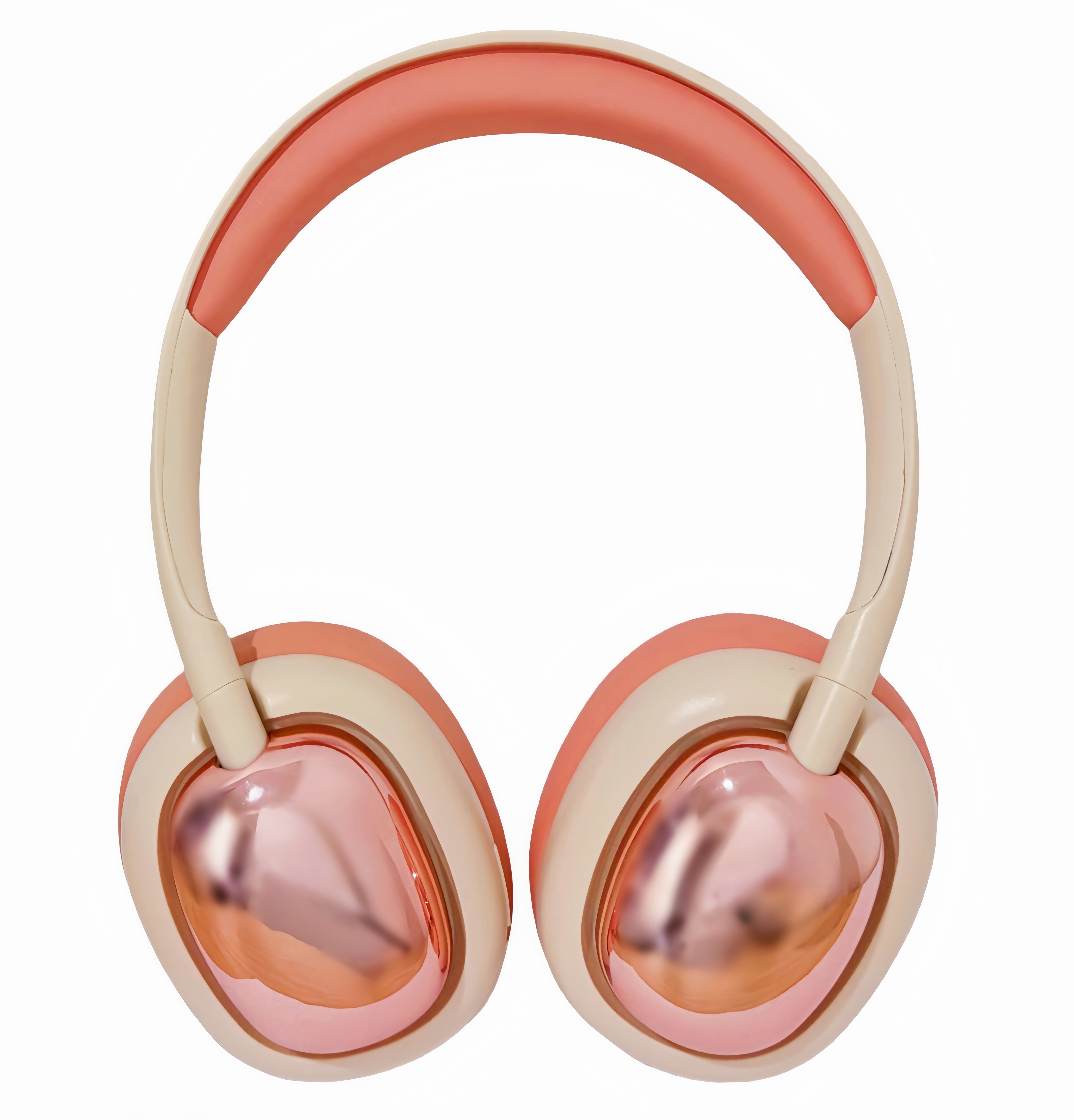 Auriculares supraaurales con almohadillas y diadema rosas, marco crema. Fondo blanco.