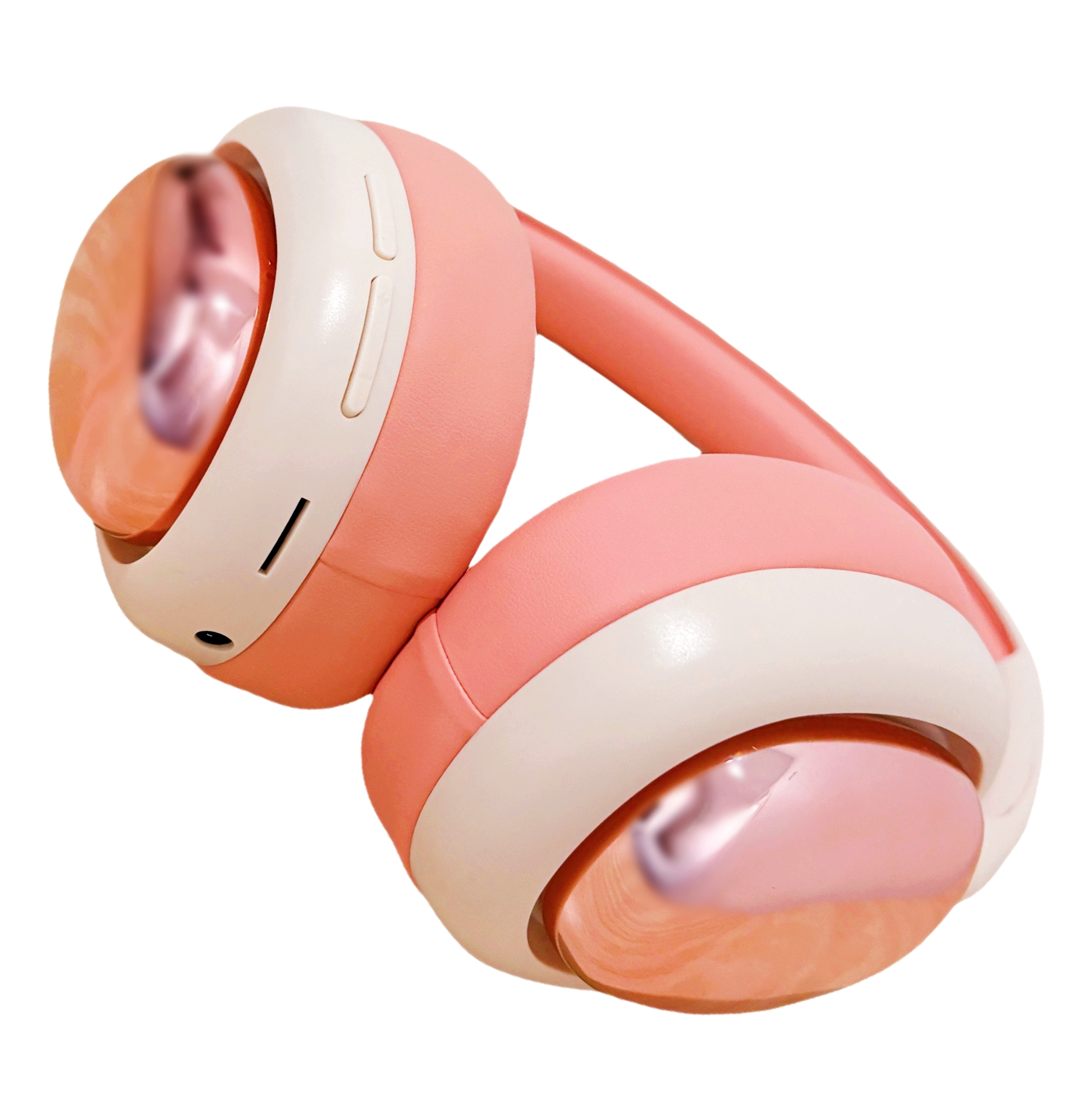 Auriculares rosas y blancos con acabado brillante. Toma en ángulo sobre fondo blanco.