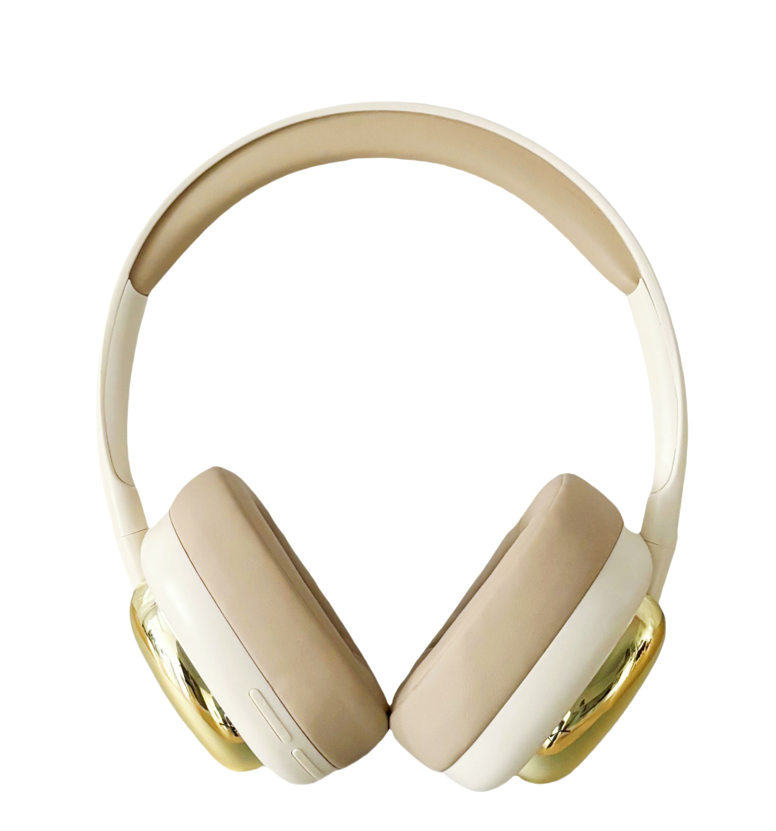 Auriculares beige y dorados, primer plano, sobre un fondo blanco.