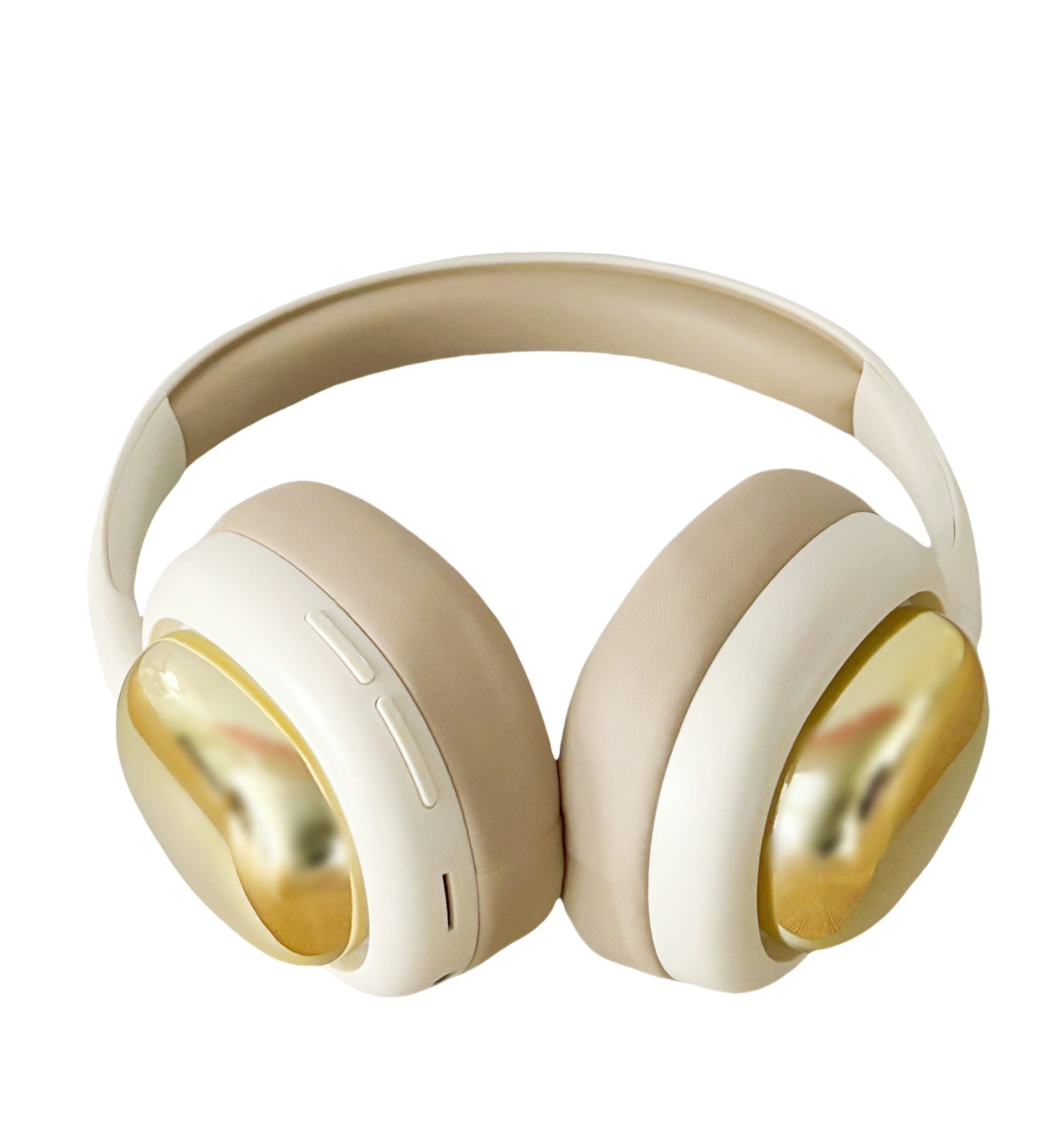 Auriculares blancos y dorados. Los auriculares son dorados y la diadema y la carcasa son blancas.