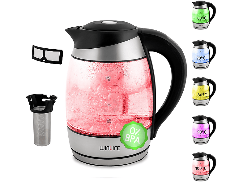 WINLIFE DC95 Glaswasserkocher Edelstahl 1,8 Liter Temperatureinstellung Temperaturwahl 60, 70, 80, 90, 100°C Farbwechsel LED| Teekessel Glaswasserkocher mit Warmhaltefunktion, Grau