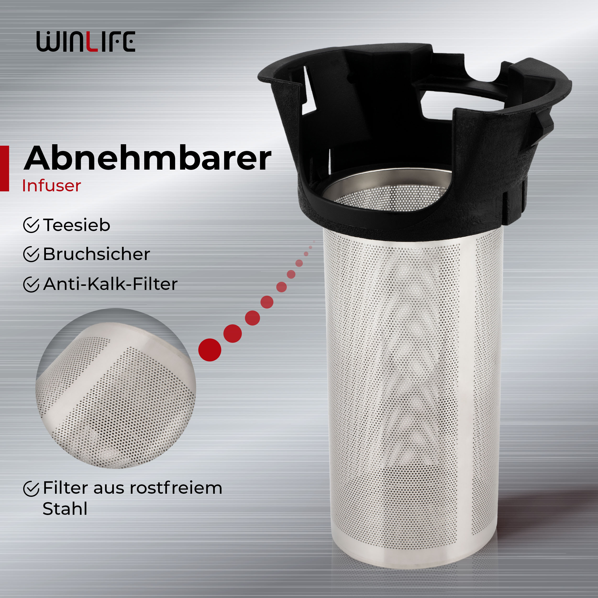 Herausnehmbarer Tee-Aufguss. Edelstahlfilter mit schwarzem Deckel. Merkmale: wiederverwendbar und Anti-Kalk.