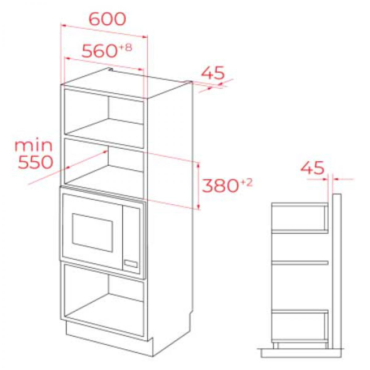 Rysunek techniczny szafki kuchennej z kuchenką mikrofalową. Wymiary są widoczne.