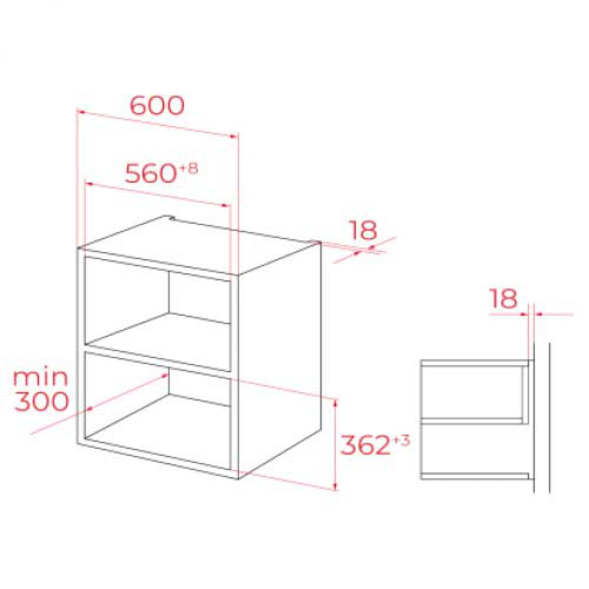 Schemat szafki z wymiarami: 600 mm szerokości, 300 mm wysokości i 362 mm głębokości.