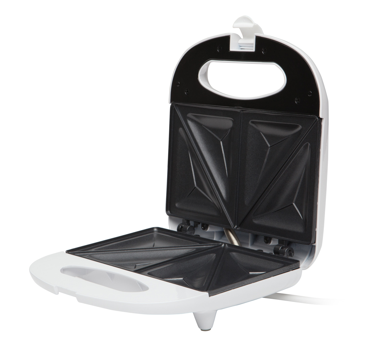 Biało-czarny opiekacz do kanapek otwarty. Pokazuje wewnętrzne płyty grzewcze.