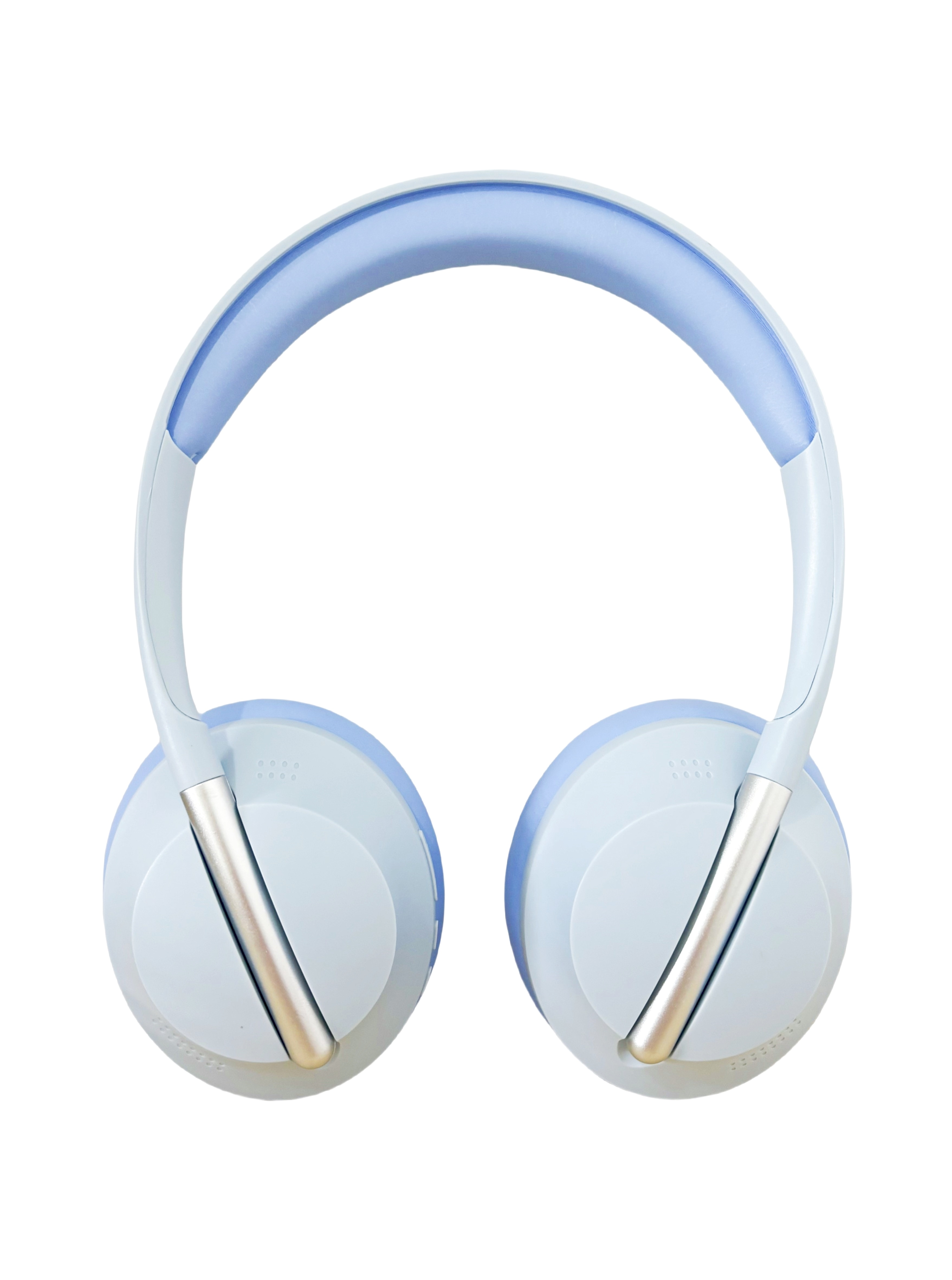 Auriculares azules y blancos, con diseño curvo, sobre fondo blanco.