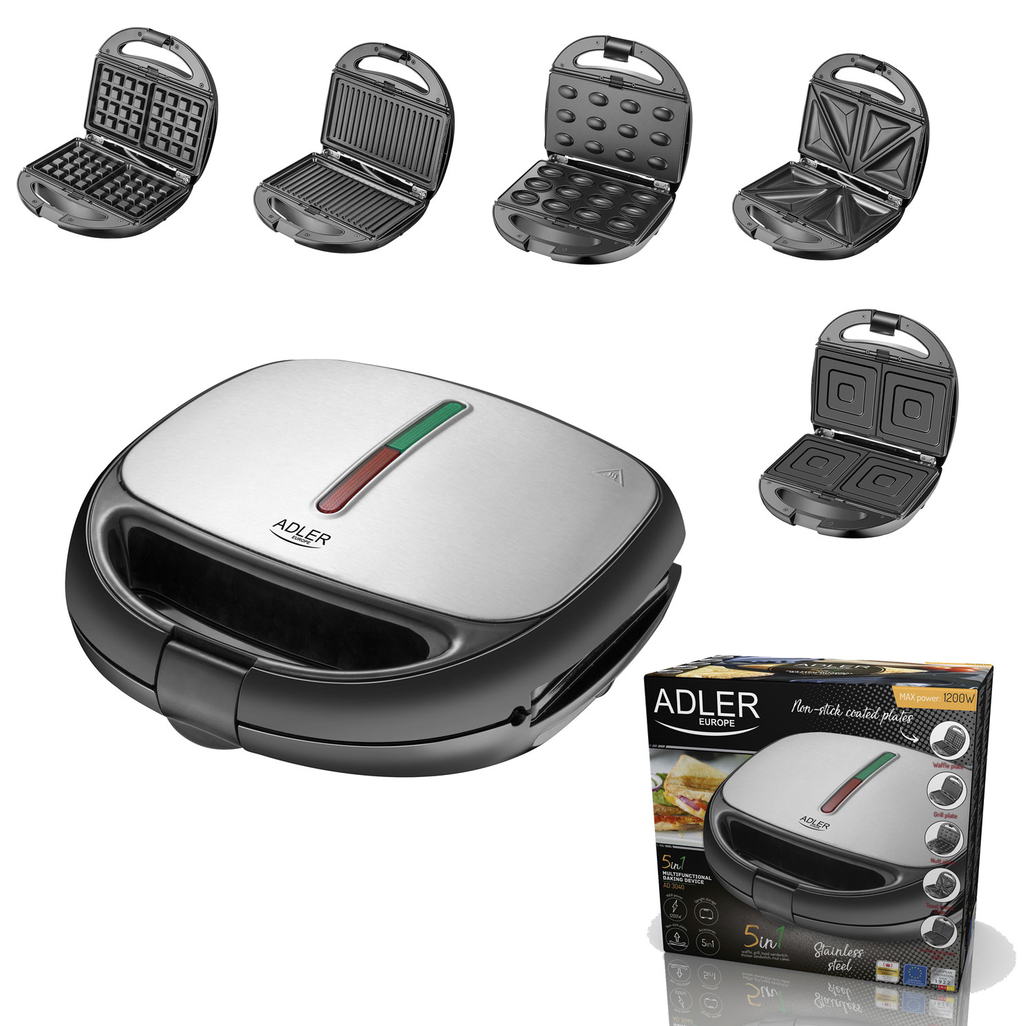 Gofrownica z wymiennymi płytami i opakowaniem. Pokazano różne kształty gofrów.