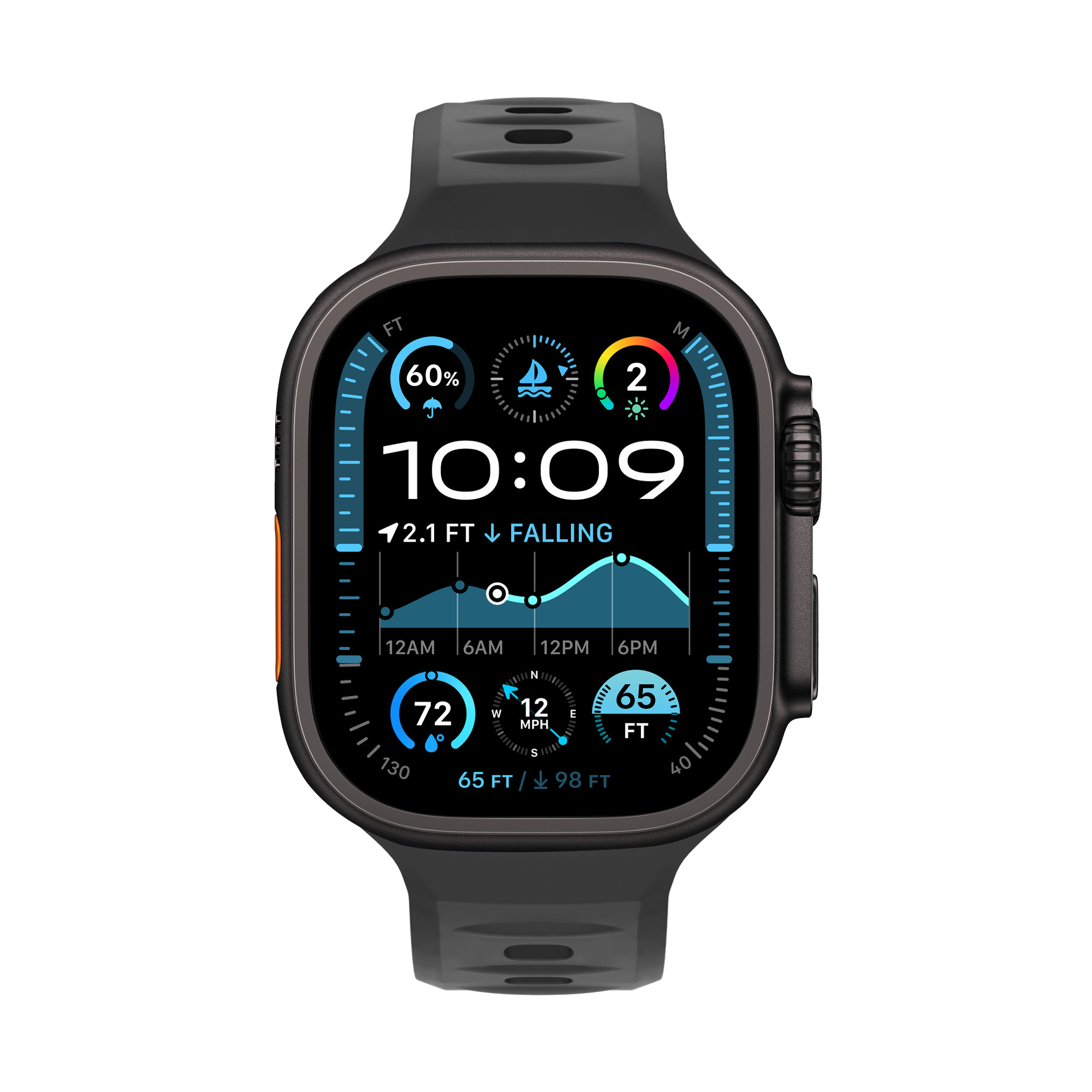 Schwarze Smartwatch mit Digitalanzeige. Zeigt Zeit, Wetter und Gesundheitsdaten. Schwarzes Armband.