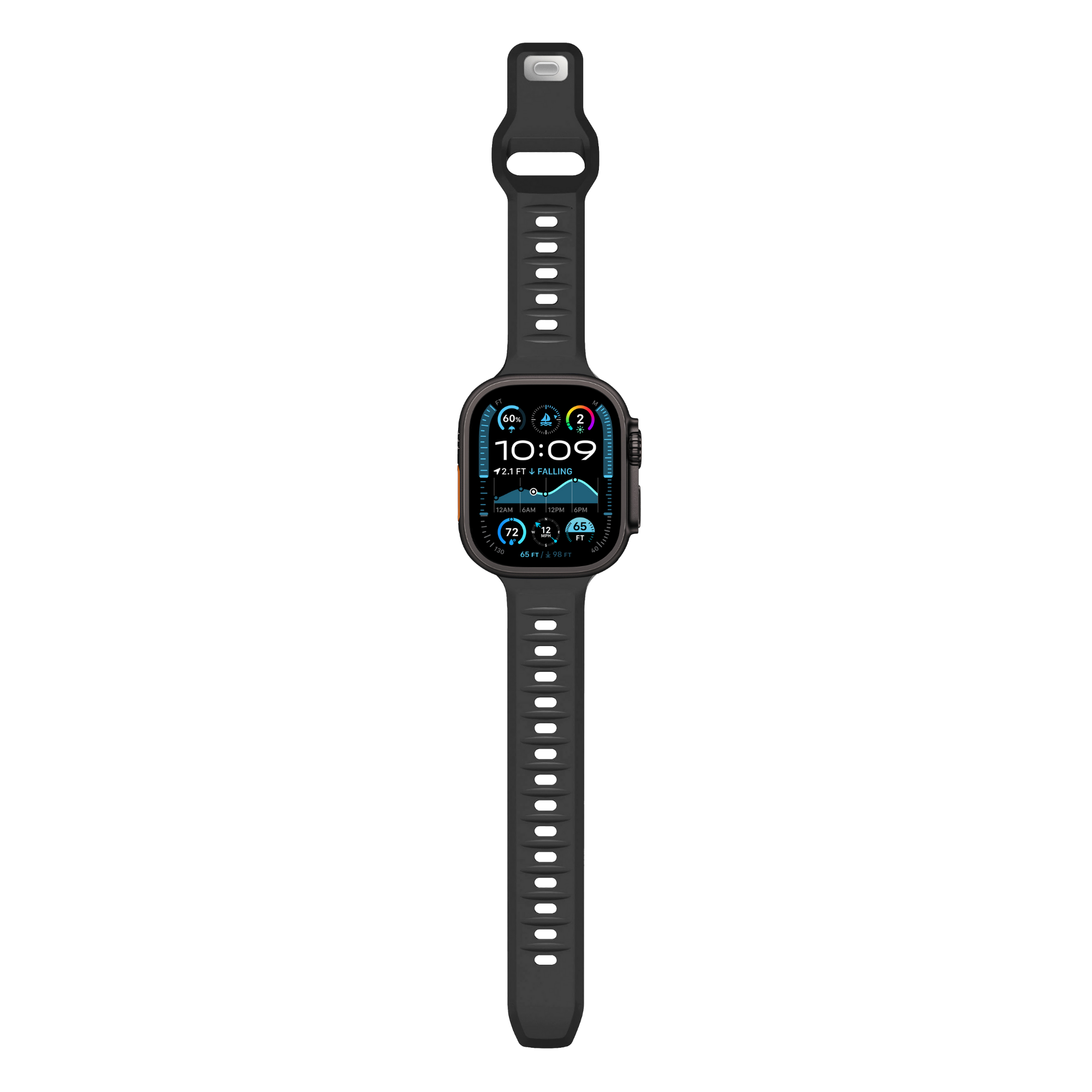 Schwarze Smartwatch mit schwarzem Armband, die eine farbenfrohe Oberfläche zeigt.