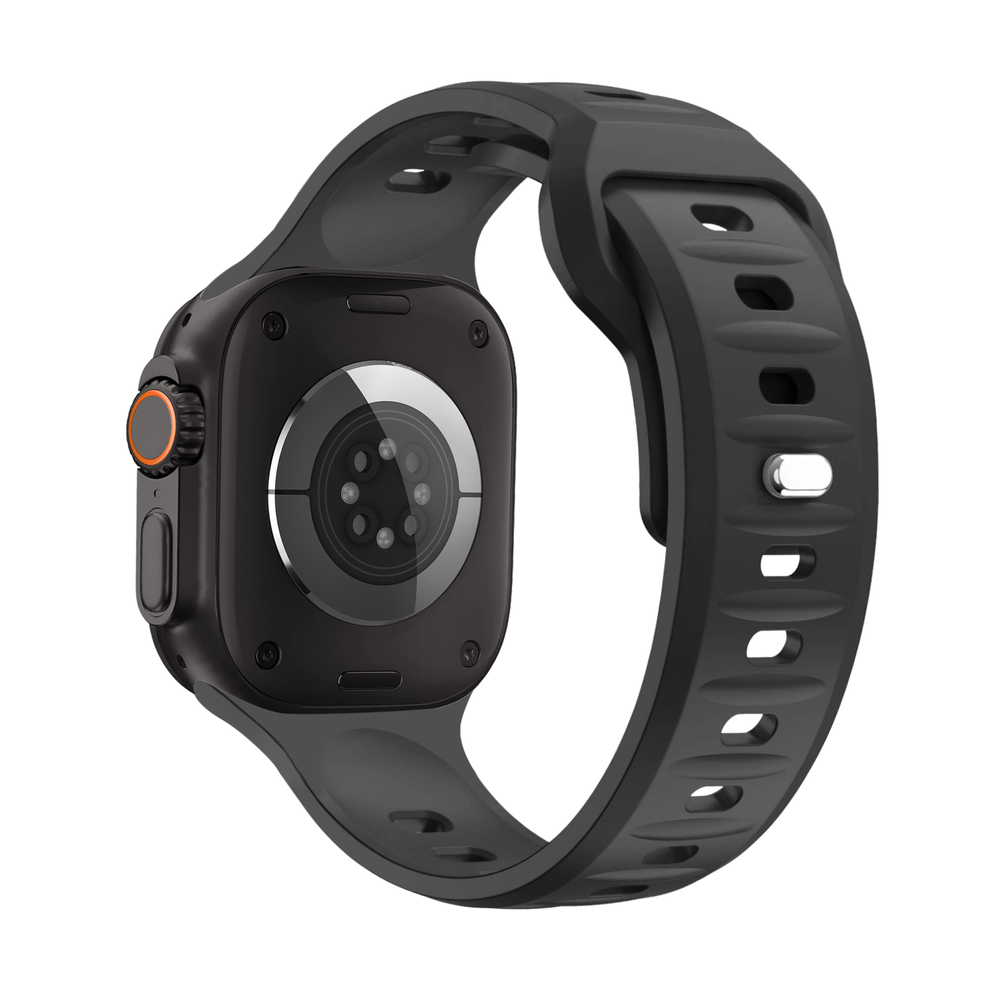 Eine schwarze Smartwatch von hinten betrachtet, mit Sensoren, Armband und einem Knopf.