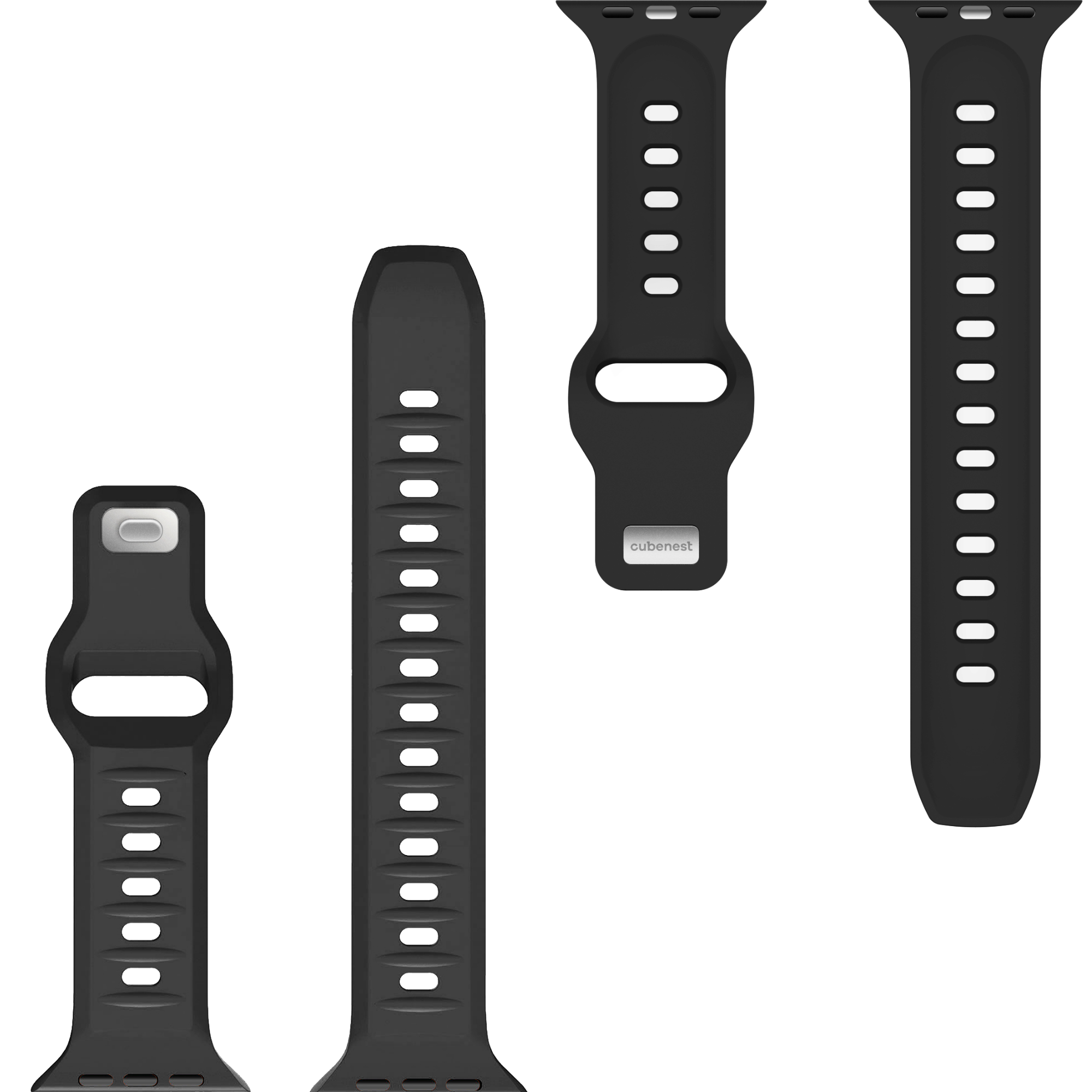 Vier schwarze Smartwatch-Armbänder. Das Bild ist vor weißem Hintergrund.