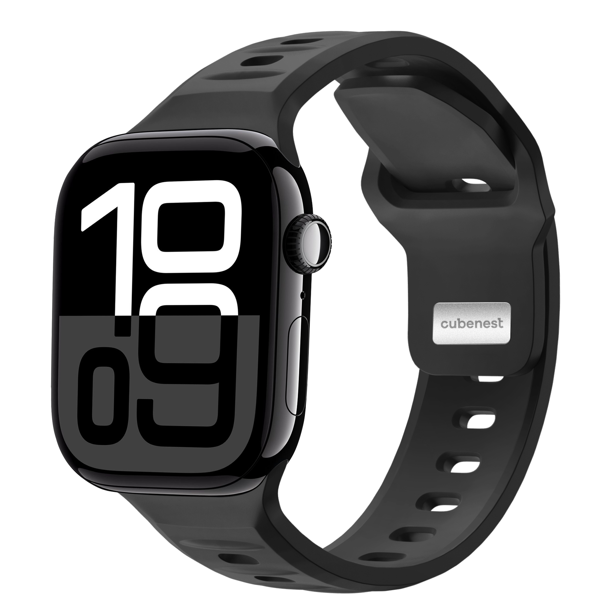 Schwarze Smartwatch mit schwarzem Armband, zeigt die Uhrzeit an. Verfügt über ein digitales Display, geschwungenes Design.