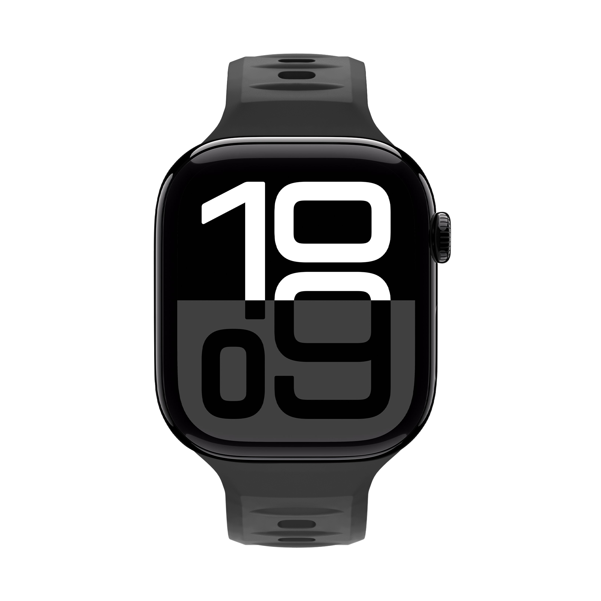Eine schwarze Smartwatch mit digitaler Zeitanzeige, die 10:09 auf weißem Hintergrund zeigt.