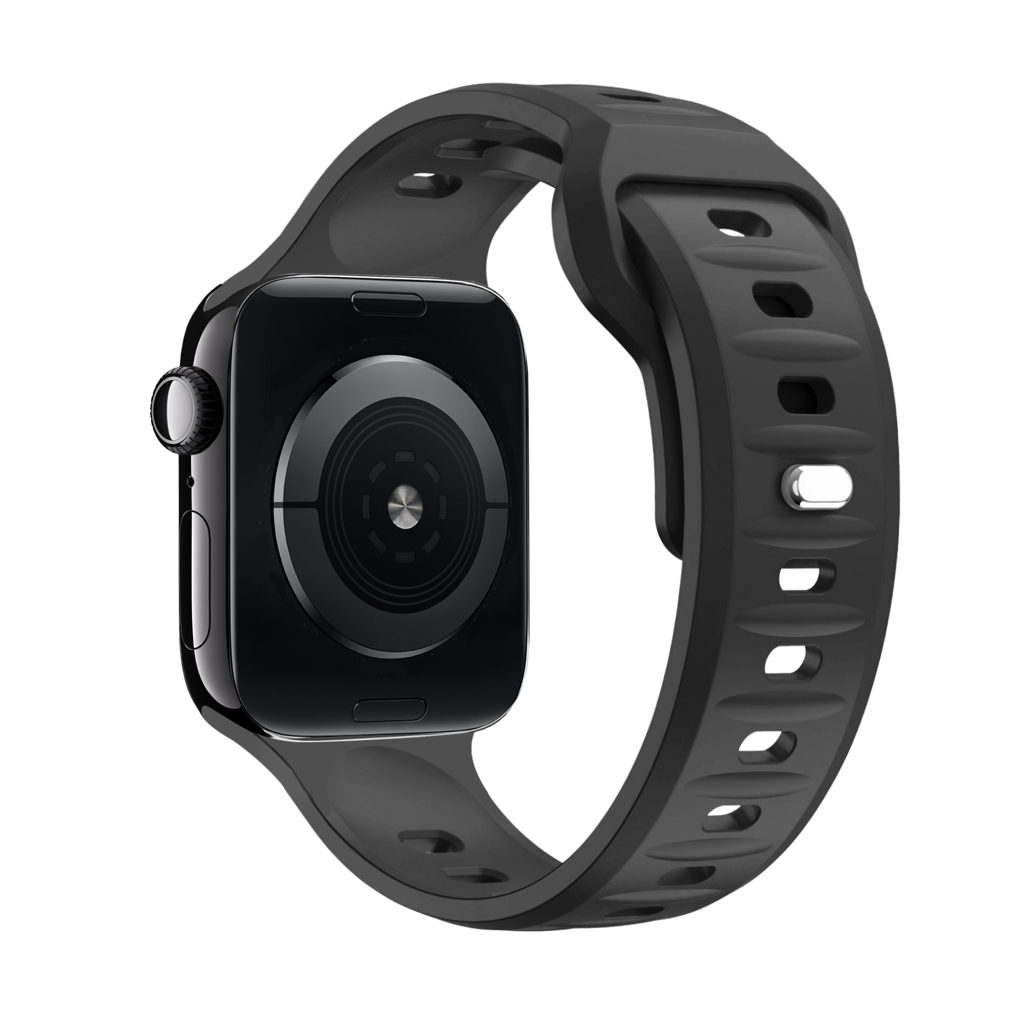 Schwarze Apple Watch mit schwarzem Armband, schräge Ansicht, auf weißem Hintergrund.