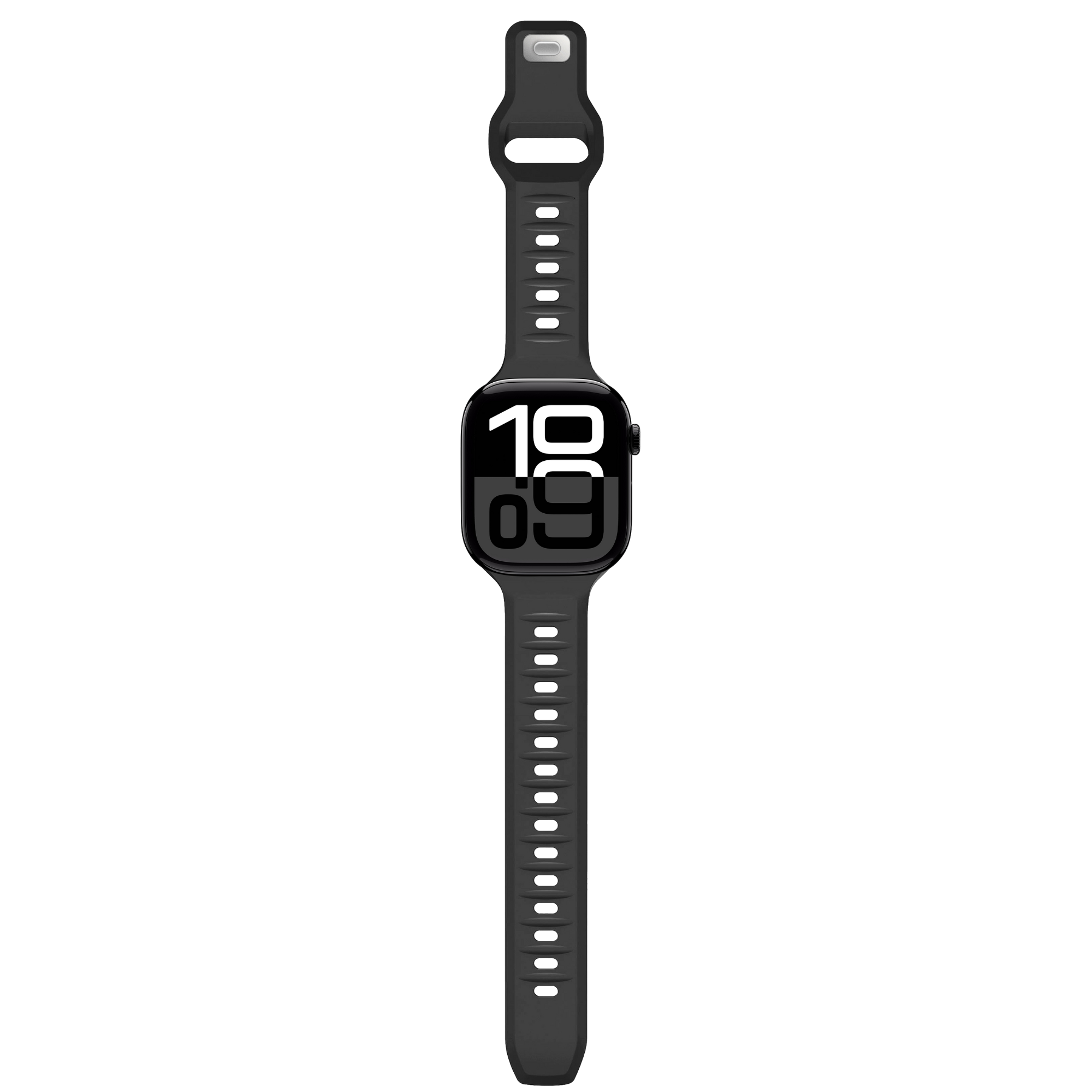 Schwarze Smartwatch mit schwarzem Armband und weißem Display, das die Uhrzeit 19:09 anzeigt. Die Uhr ist zentriert.