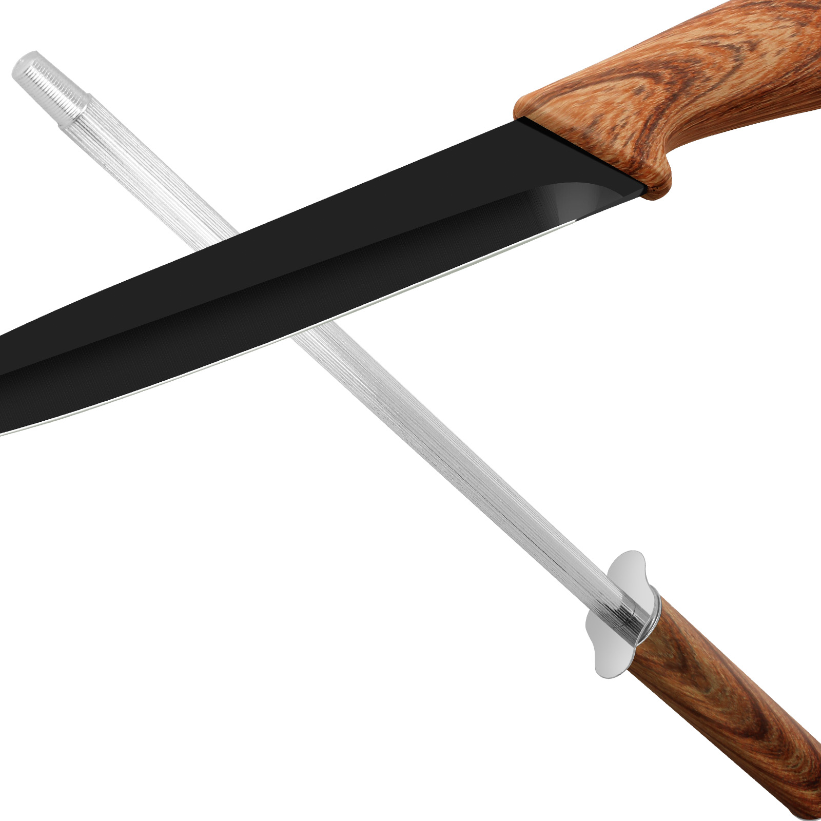 Ein schwarzes Messer mit Holzgriff und ein Stahlstab zum Schärfen kreuzen sich auf weißem Hintergrund.