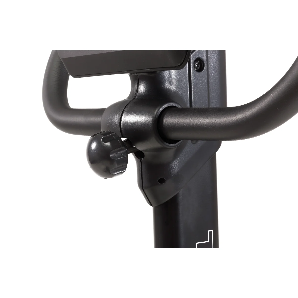 Nahaufnahme von Hantelgriffen und Einstellknopf. Das Fahrrad ist schwarz und der Hintergrund ist weiß.