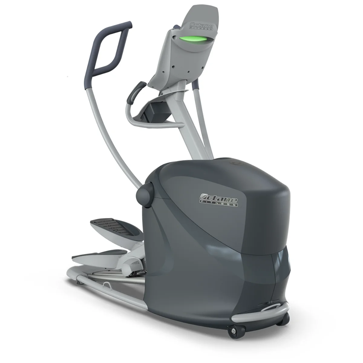 Elliptische machine, grijs en zwart. De machine heeft handgrepen en voetsteunen.