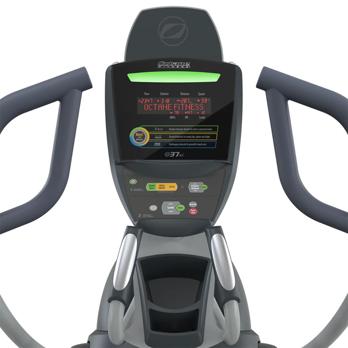 Close-up van het display van een trainingsmachine. Het is grijs met een digitaal scherm en handgrepen.
