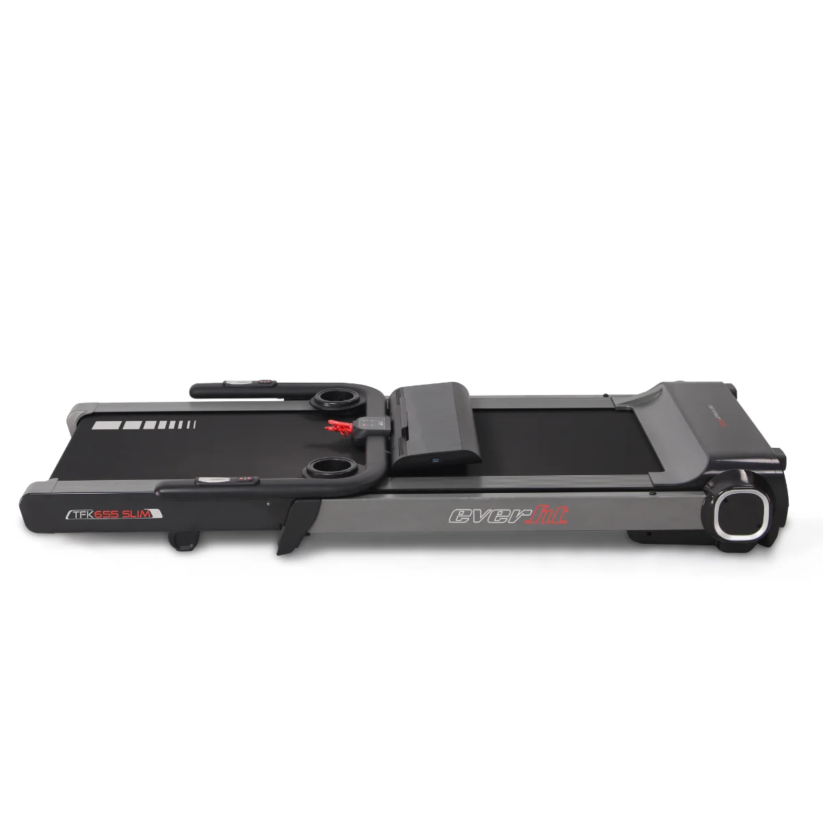 Folded grey treadmill with cup holders, black running surface, white backdrop.