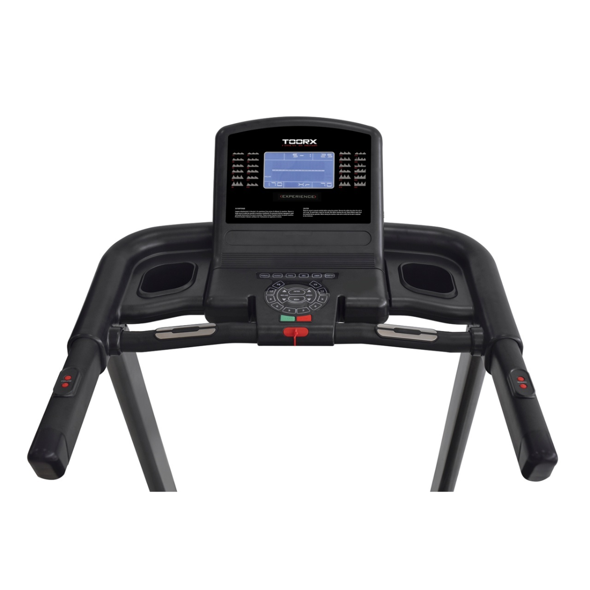 Black treadmill with screen and handles on white background.