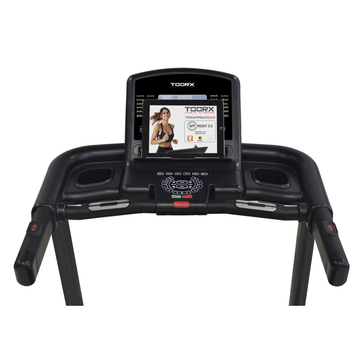 A black treadmill with a tablet displaying a woman running on a white background.