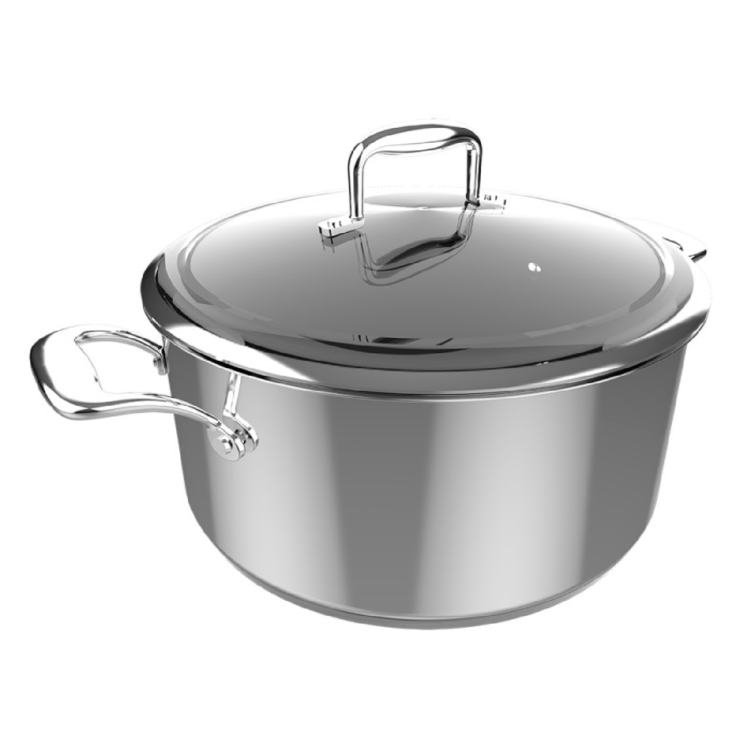 Una olla brillante de acero inoxidable con asas y tapa, aislada sobre fondo blanco.