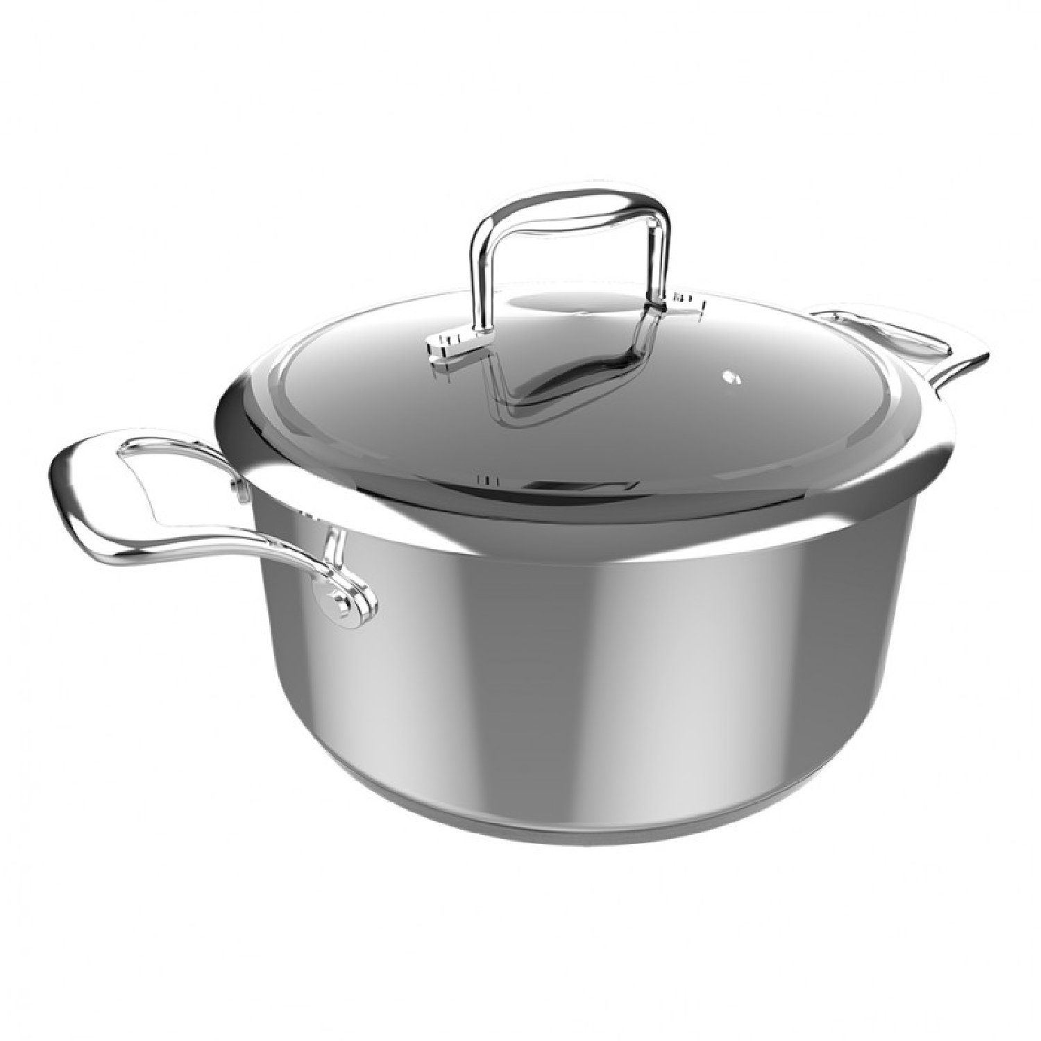 Una olla de metal brillante con tapa y asas sobre fondo blanco.