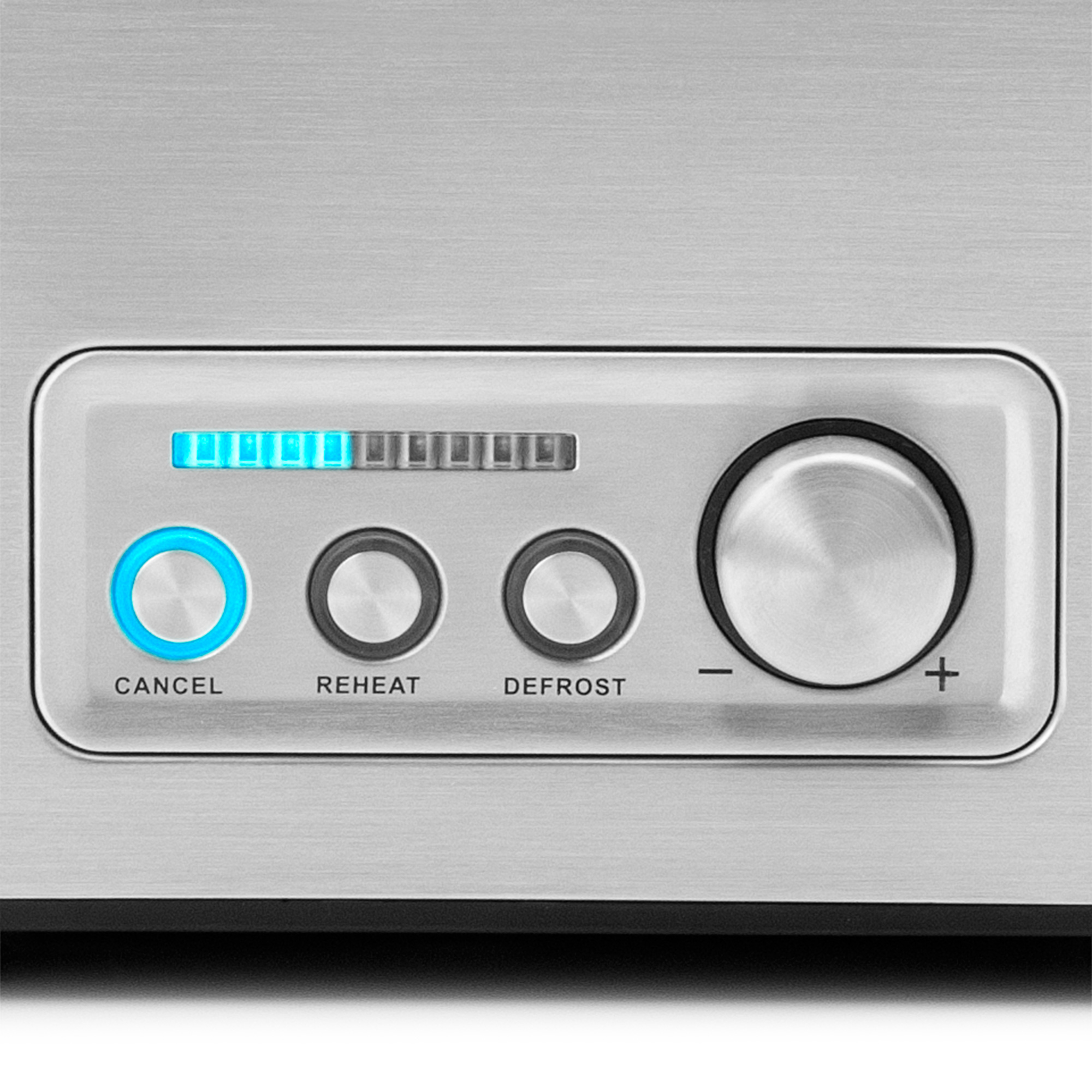 Das Bild zeigt ein silber-schwarzes Toaster-Bedienfeld mit Tasten für Abbrechen, Aufwärmen und Auftauen.