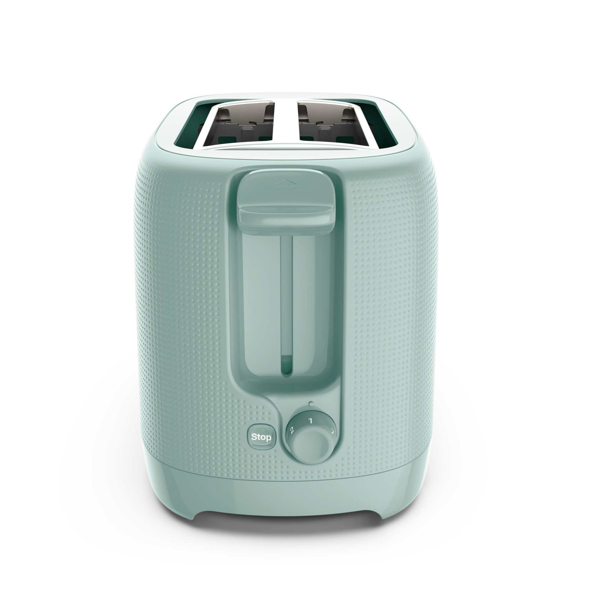 Ein mintgrüner Toaster mit Drehknopf und Stopptaste auf weißem Hintergrund.