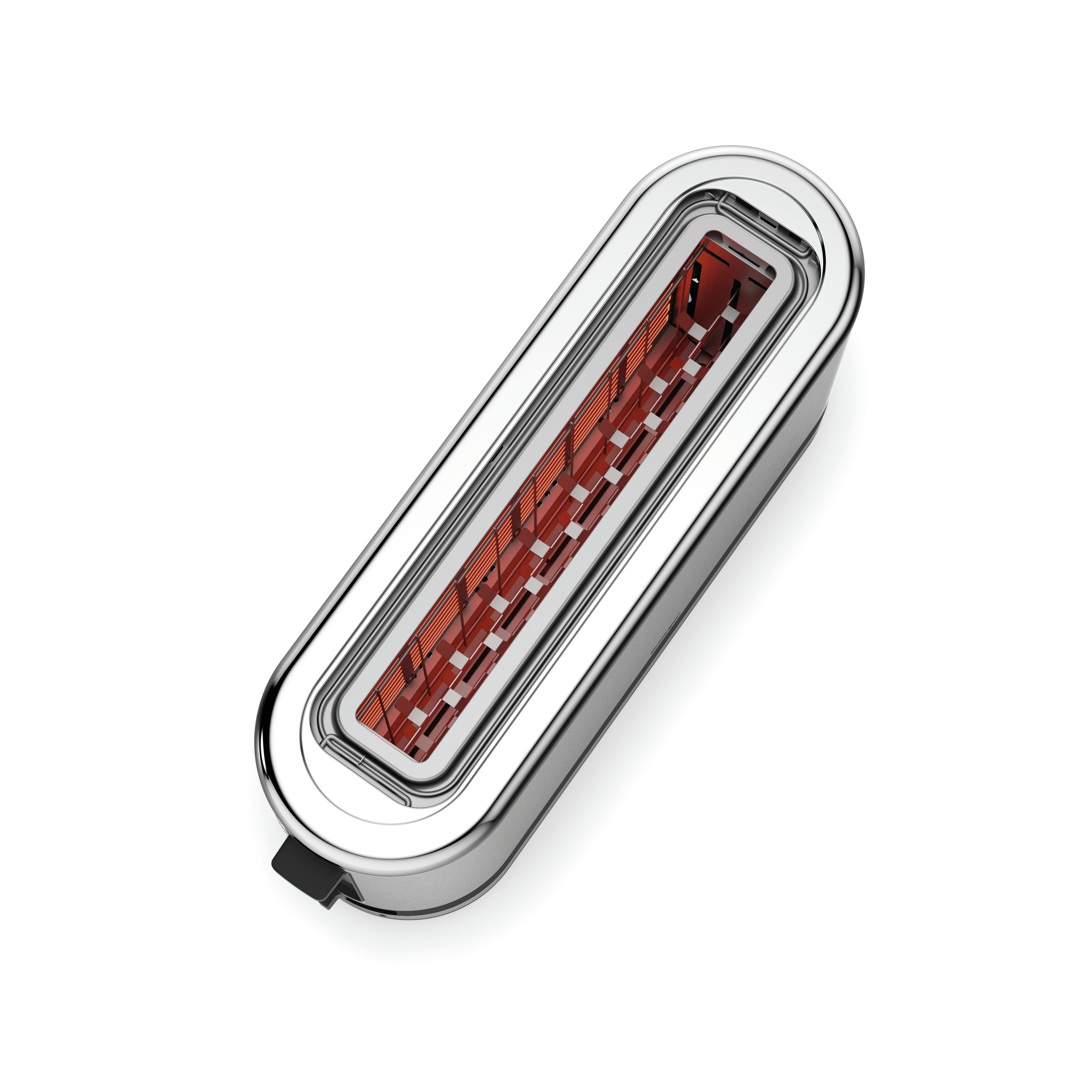 Chromowany toster, widok z góry pokazujący elementy grzejne. Białe tło.