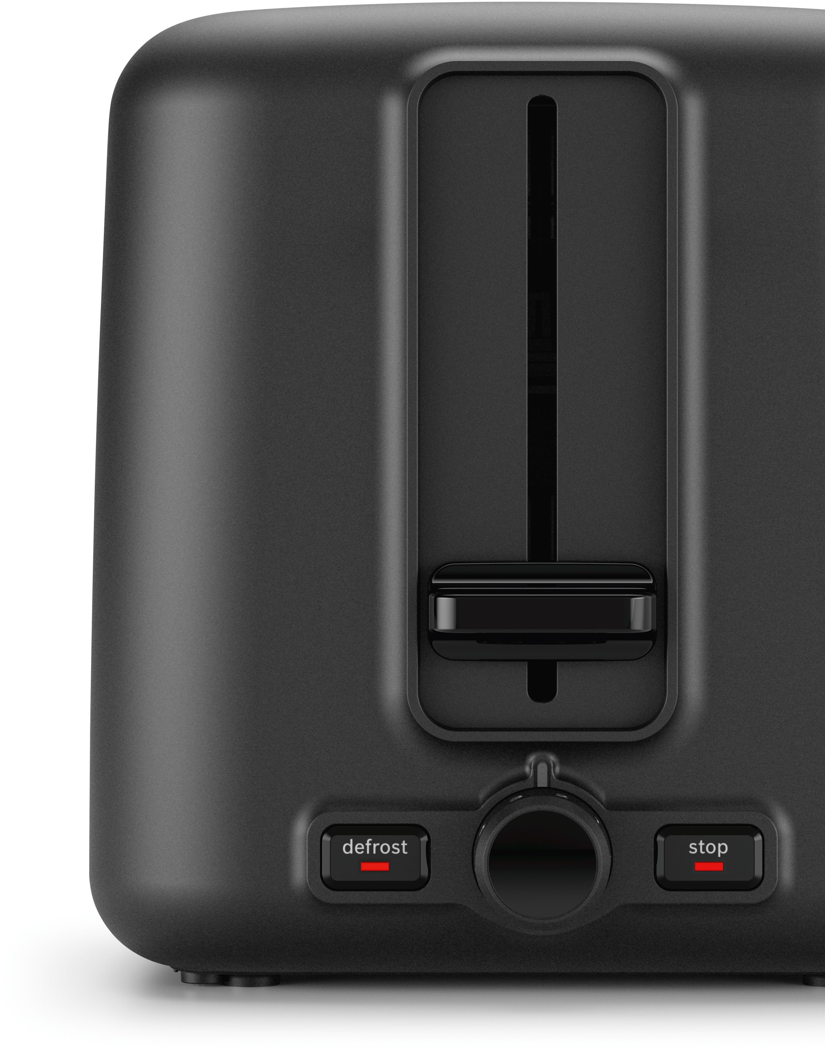 Czarny toster z dwoma otworami. Widoczne przyciski rozmrażania i stop.