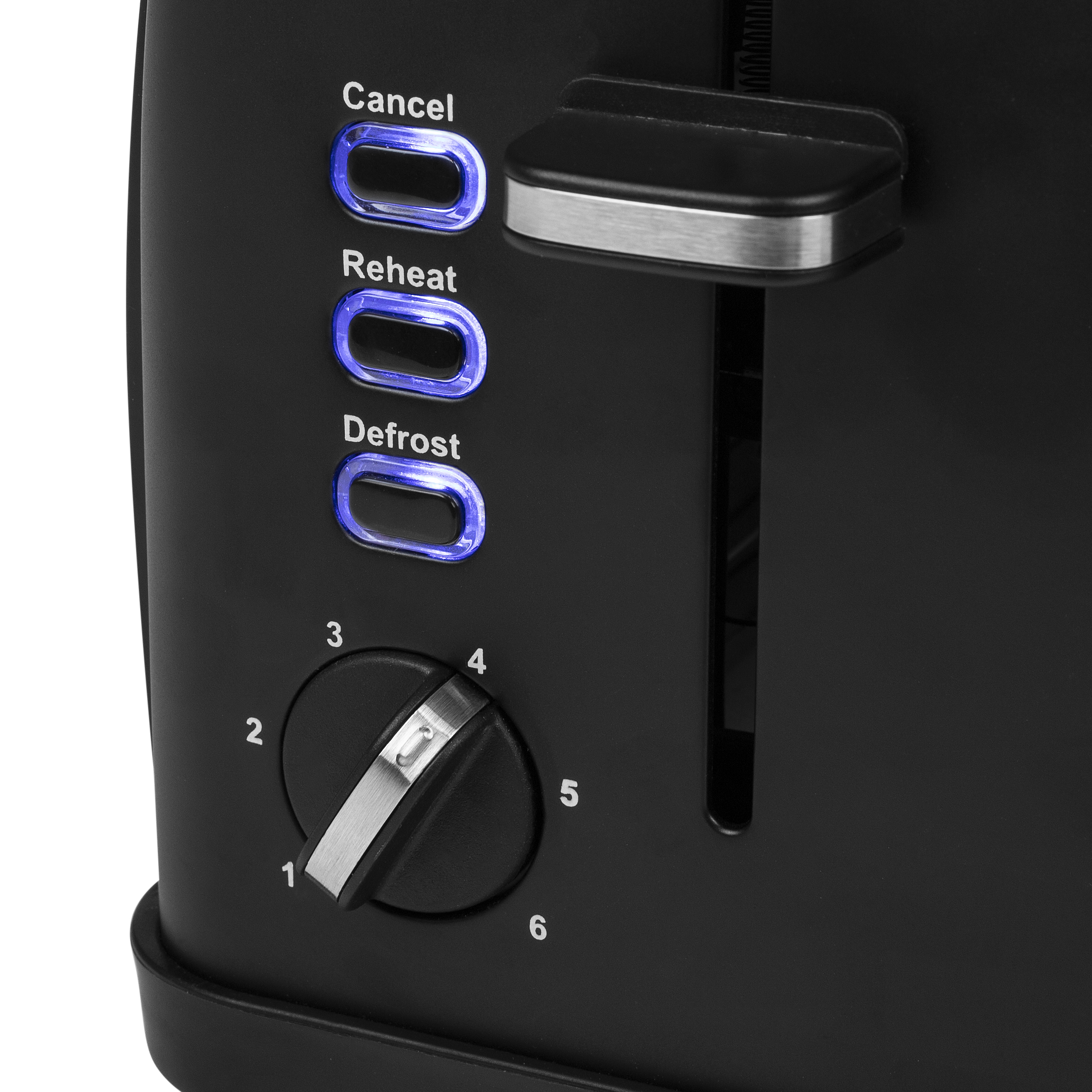 Primer plano de una tostadora negra con botones de control y un dial.