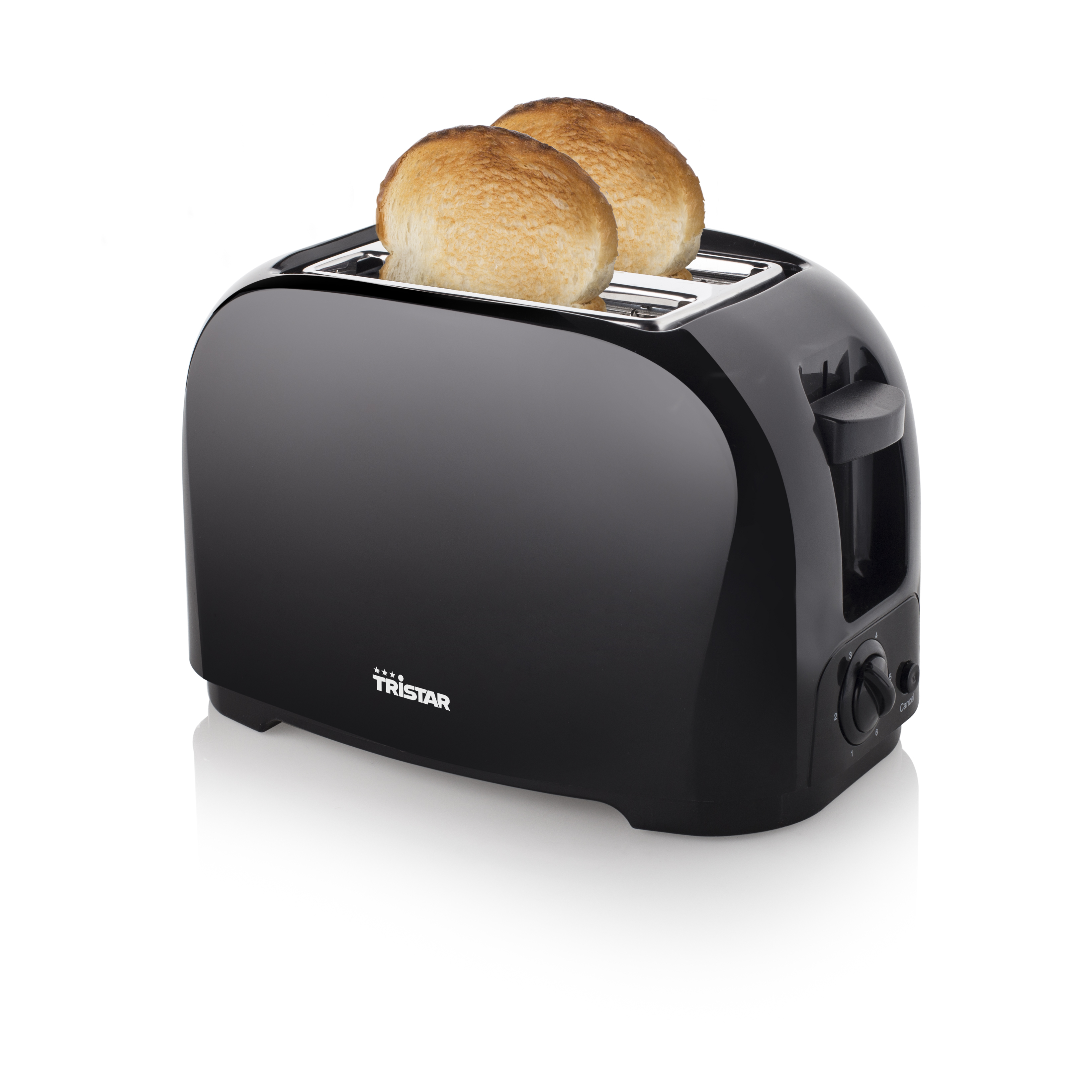 Tostapane nero con due fette di pane, bianco e nero, su sfondo bianco.