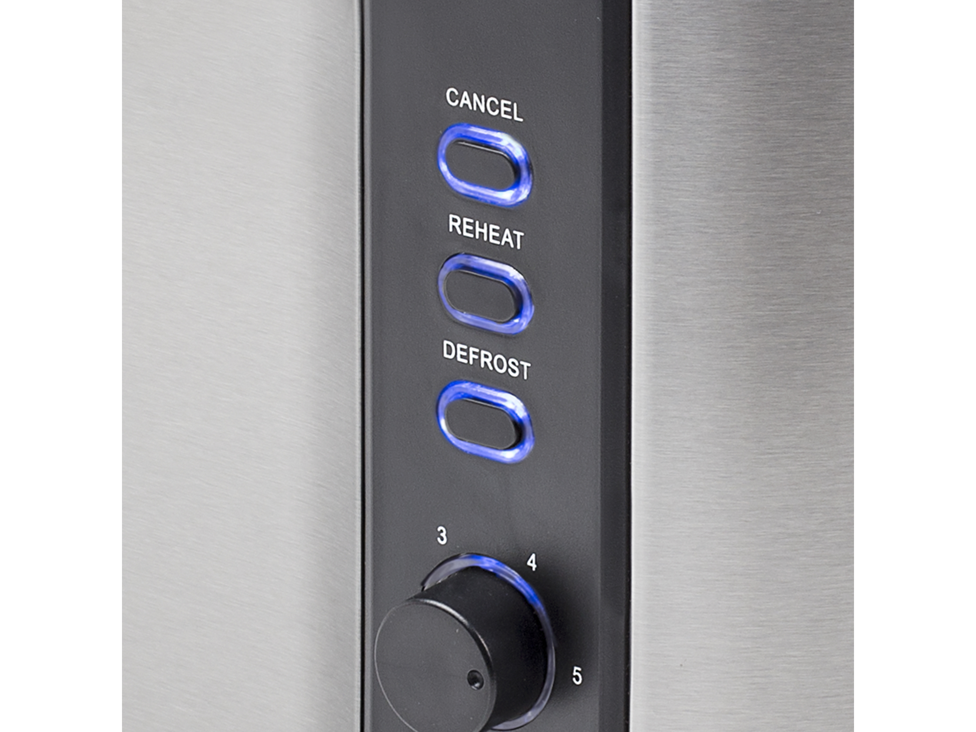 Zbliżenie panelu sterowania tostera. Przyciski anuluj, podgrzej i rozmrażaj, z pokrętłem.